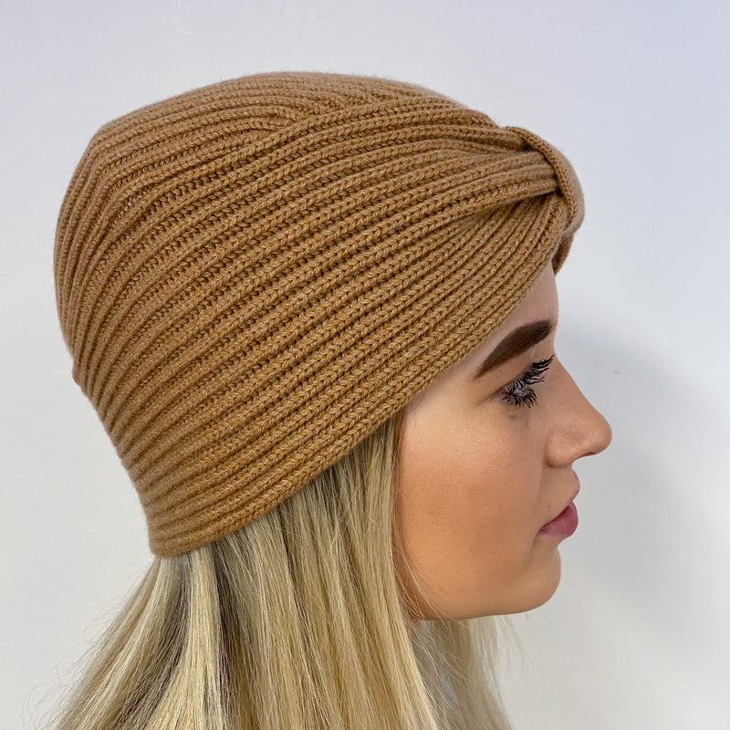 Brand New Caramel Ribbed Knit Turban Beanie Hat One Size