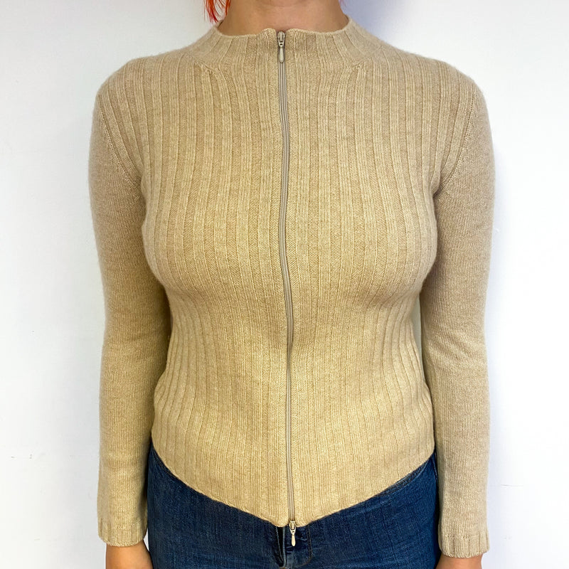 Beige Ribbed Cashmere Zip Front Cardigan Small
