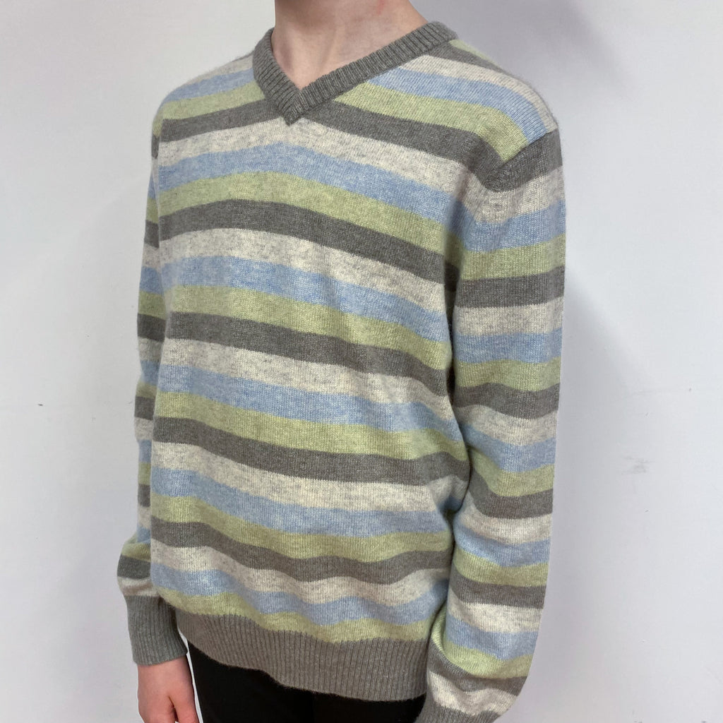 Children’s Grey Striped Cashmere V-Neck Jumper Boy’s Age 10-12