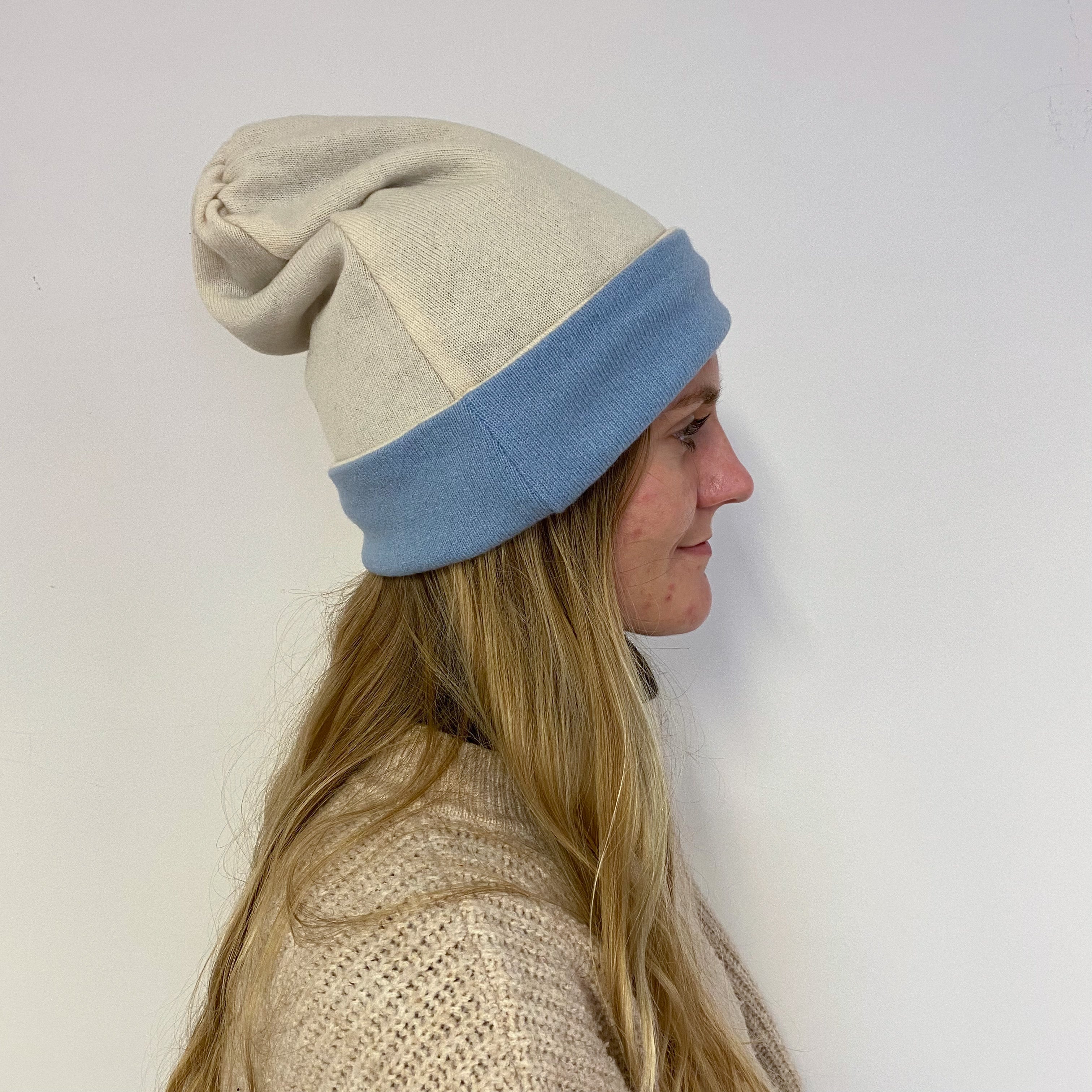 Reversible Pale Blue and Cream Beanie Hat One Size