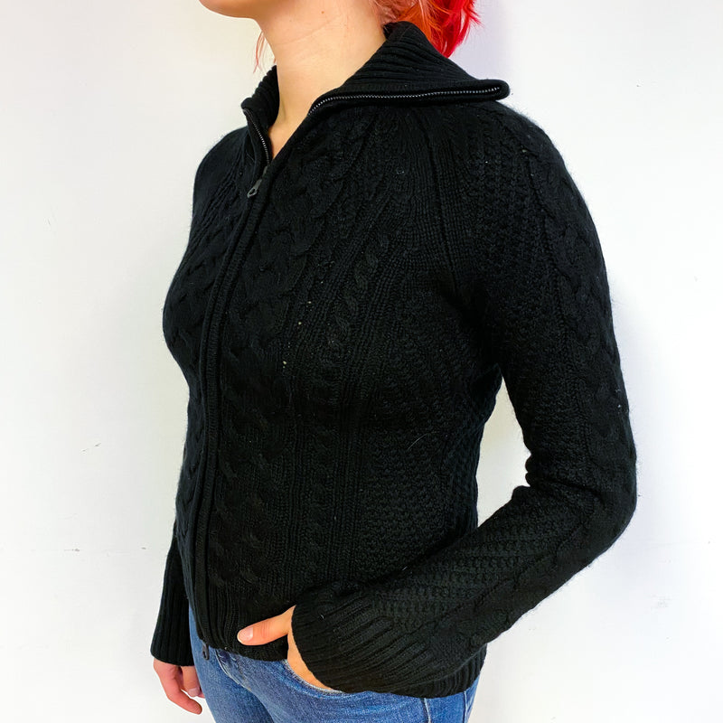 Black Chunky Cable Cashmere Zip Front Cardigan Small