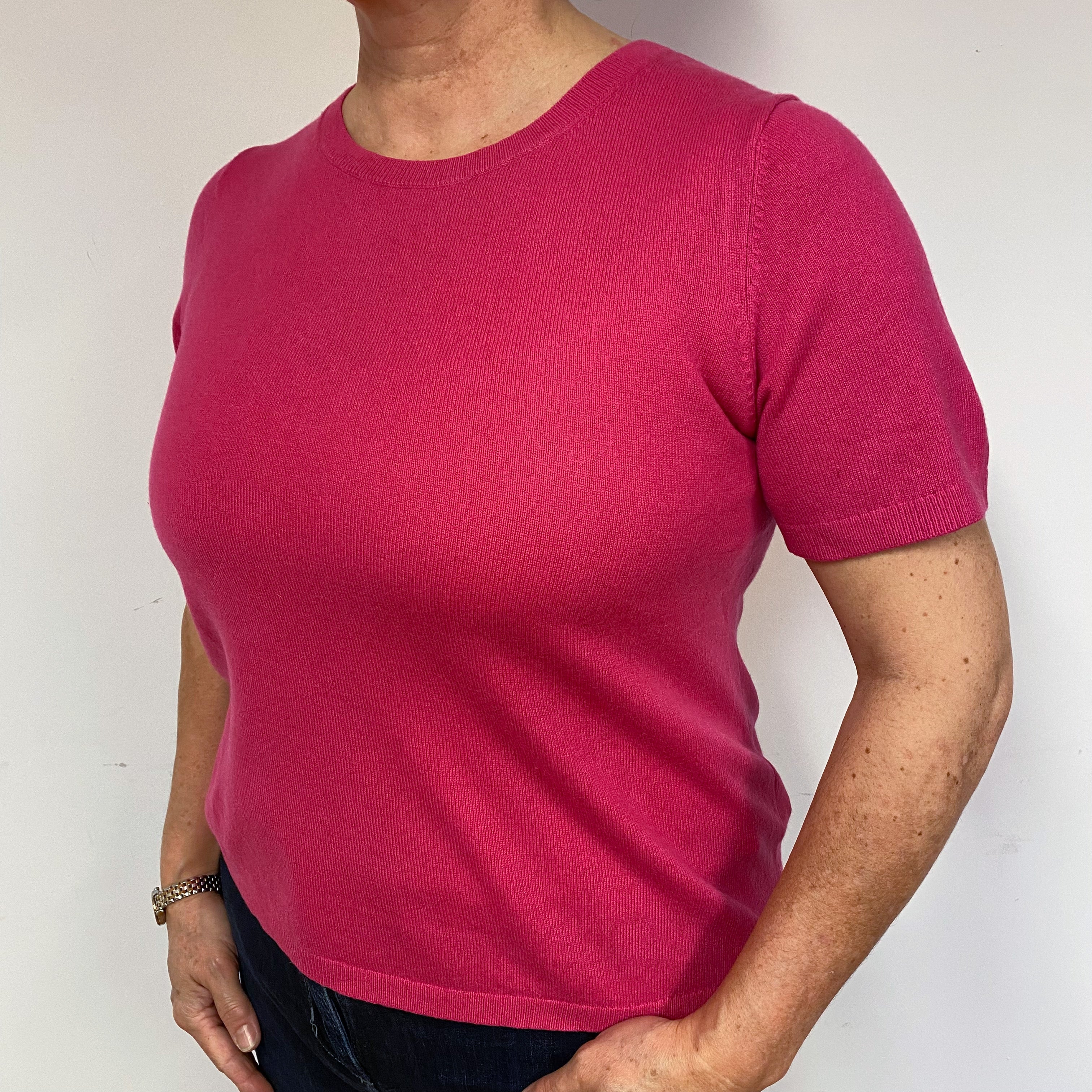 Fuchsia Pink Cashmere Short Sleeved Jumper Large