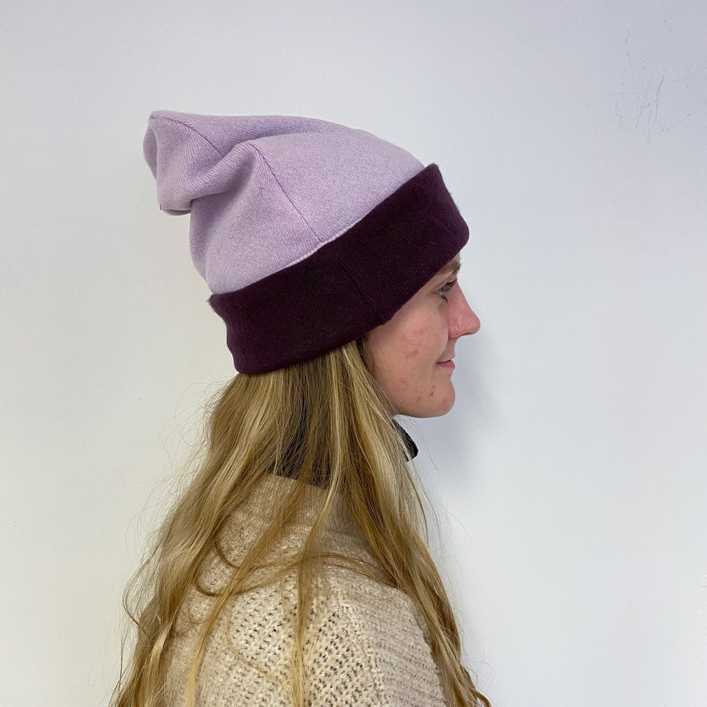 Reversible Blueberry Purple and Lilac Beanie Hat One Size
