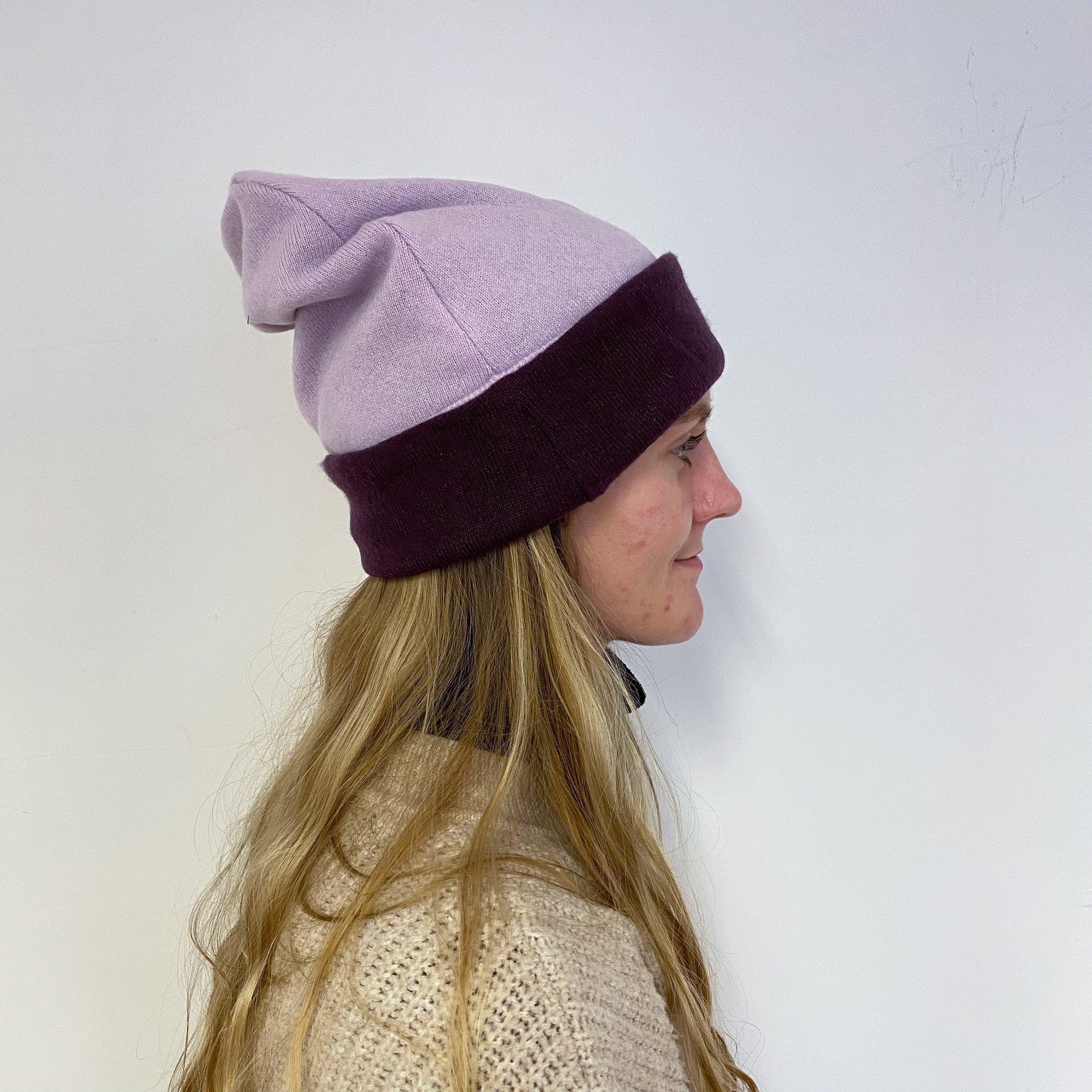 Reversible Blueberry Purple and Lilac Beanie Hat One Size