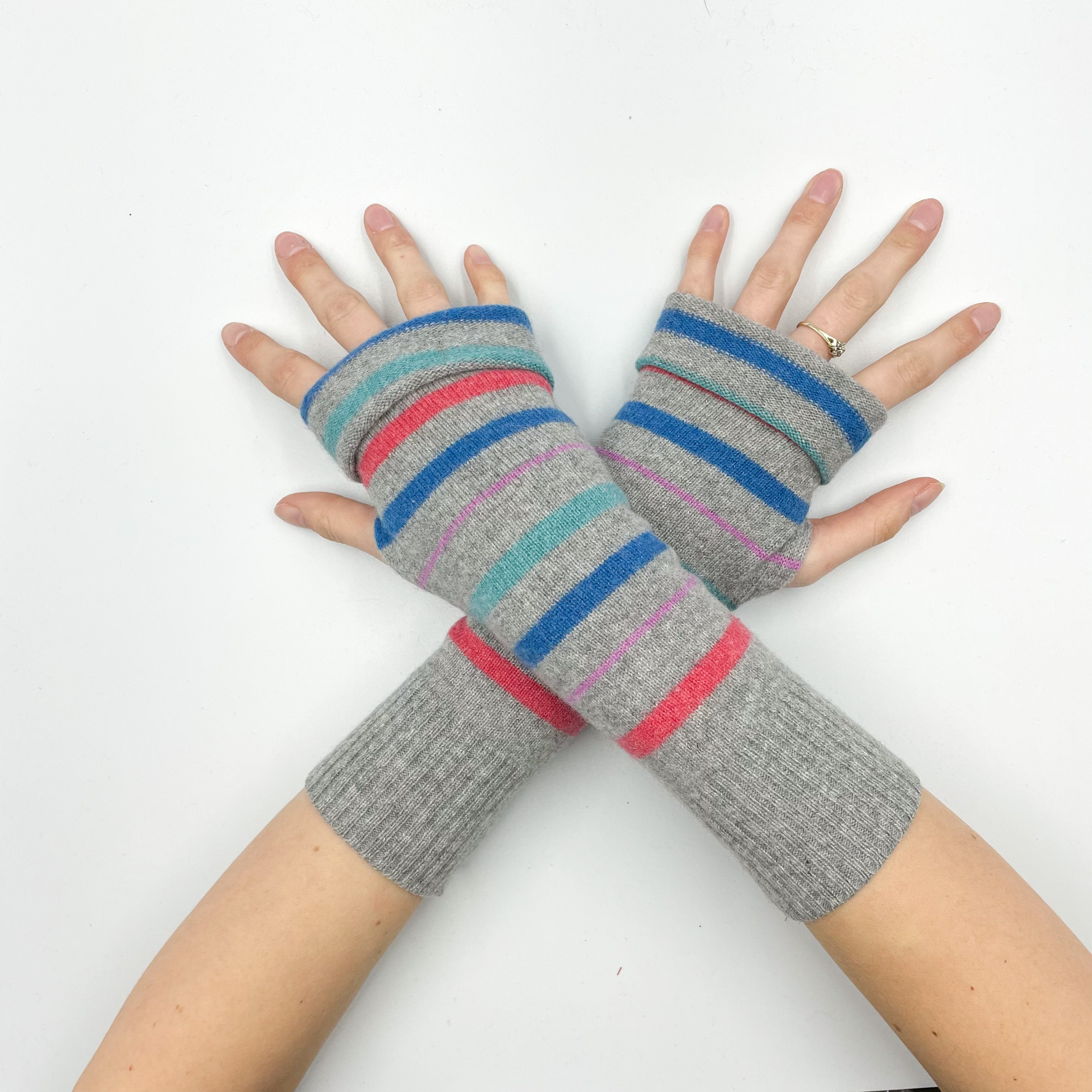Grey Striped Fingerless Gloves