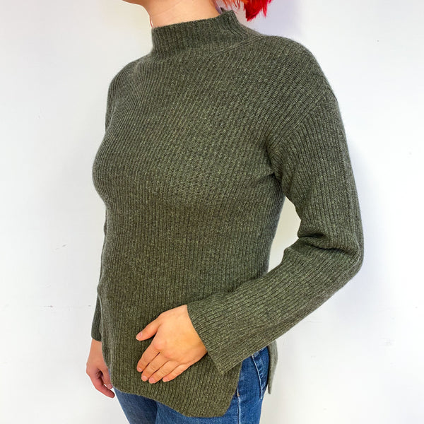 Khaki Green Chunky Cashmere Turtle Neck Jumper Small