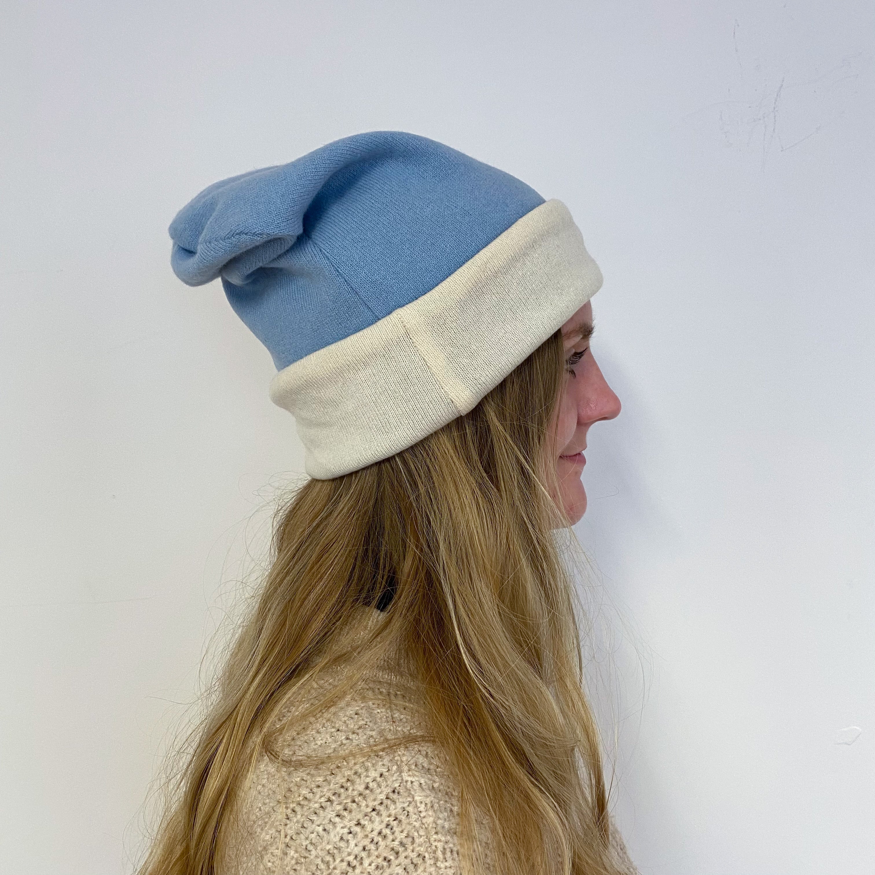 Reversible Pale Blue and Cream Beanie Hat One Size