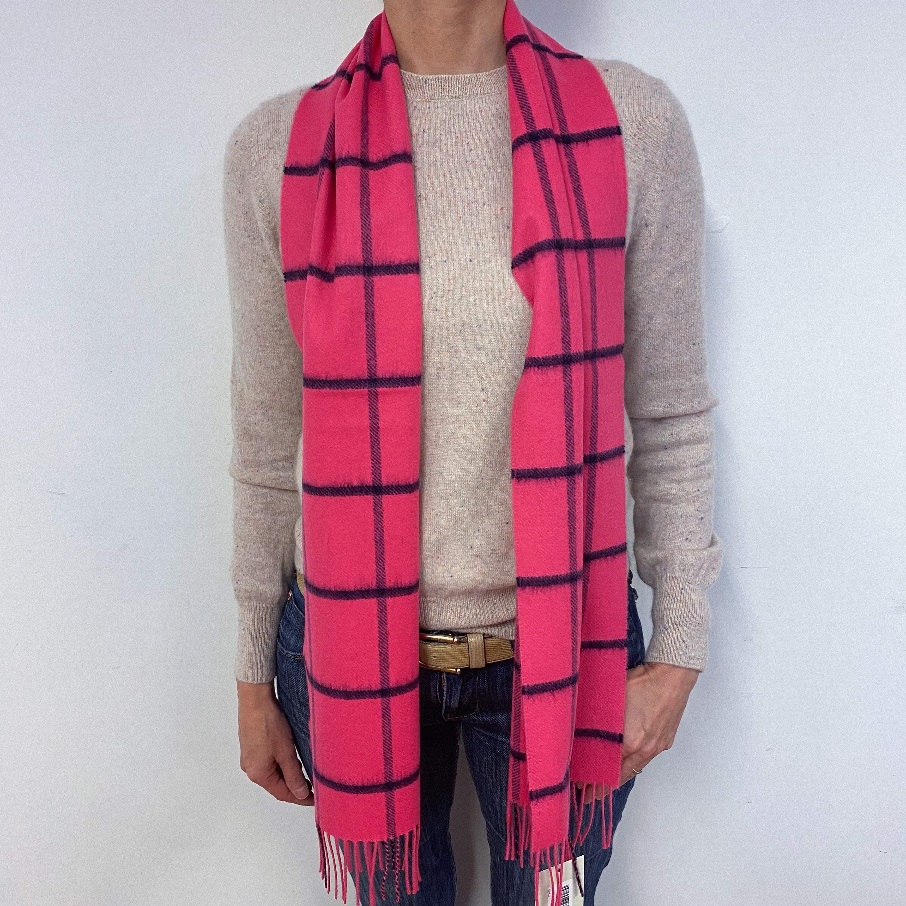 Brand New Scottish Woven Cashmere Scarf Hot Pink Windowpane