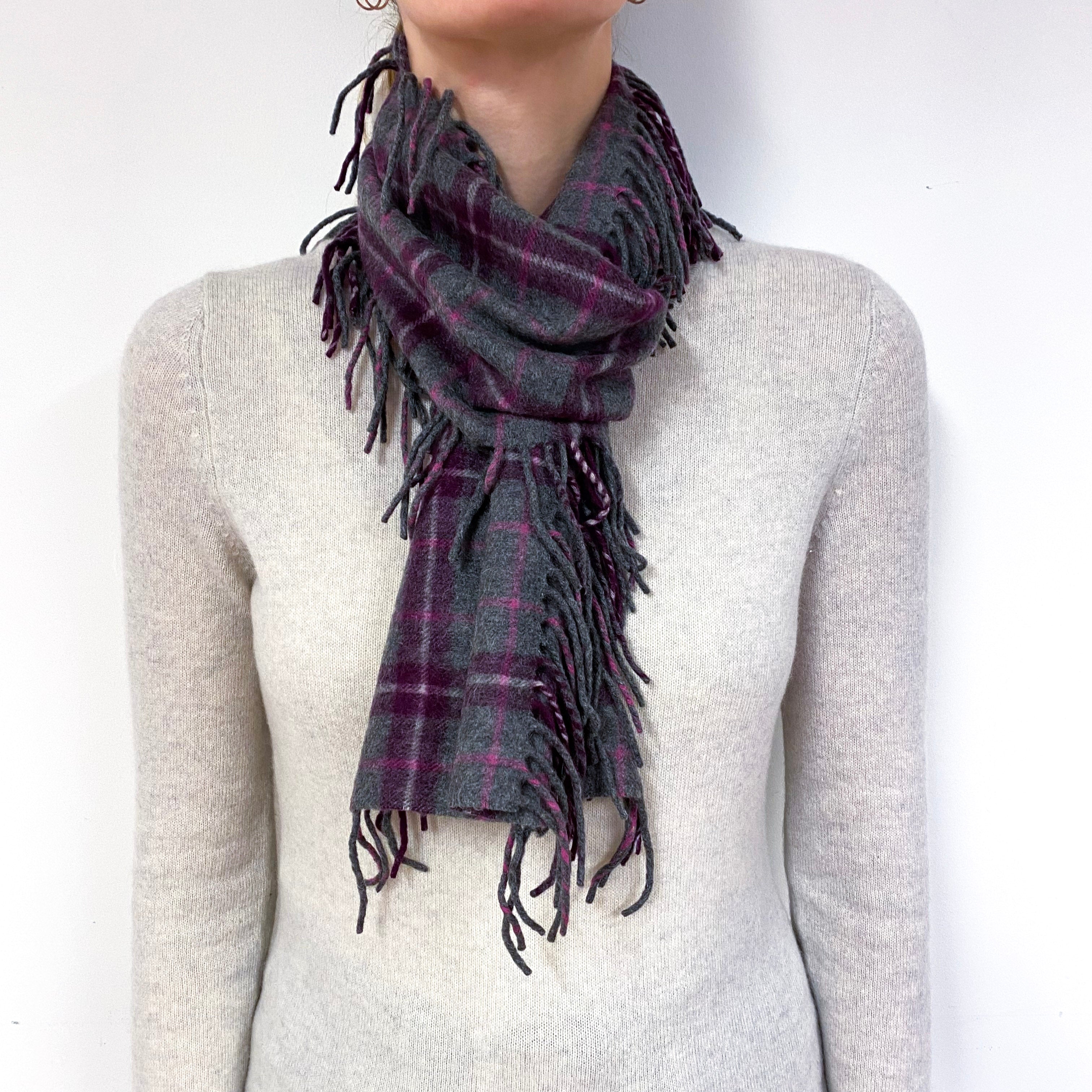 Slate Grey and Plum Checked Scarf