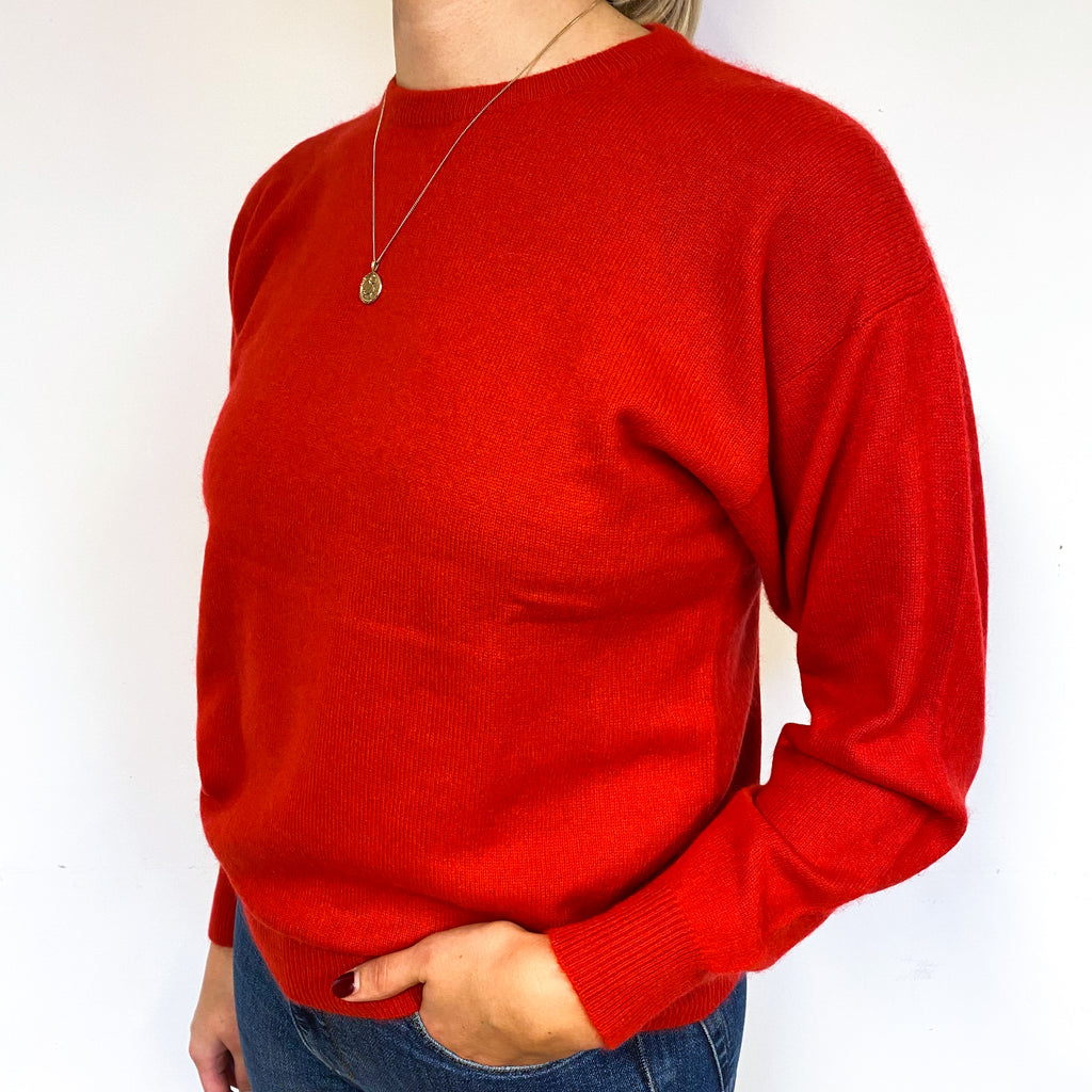 Slouchy Scarlet Red Cashmere Crew Neck Jumper Small