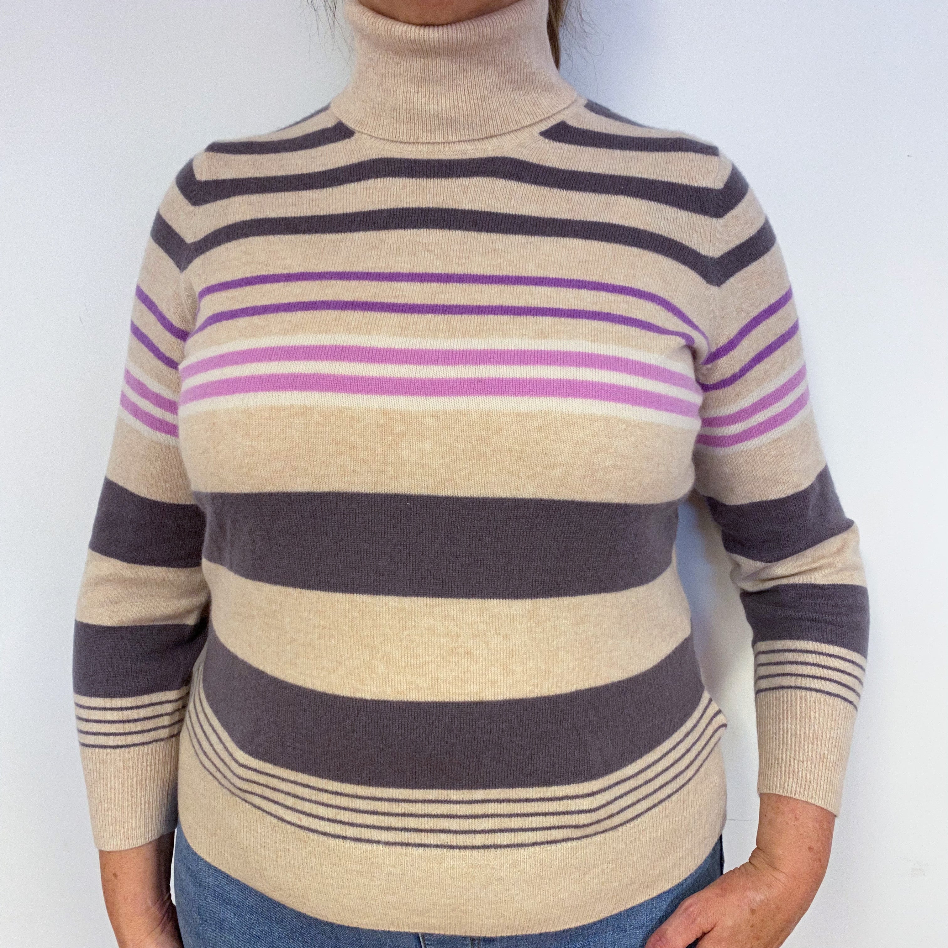 New Sand Striped Polo Neck Jumper Large