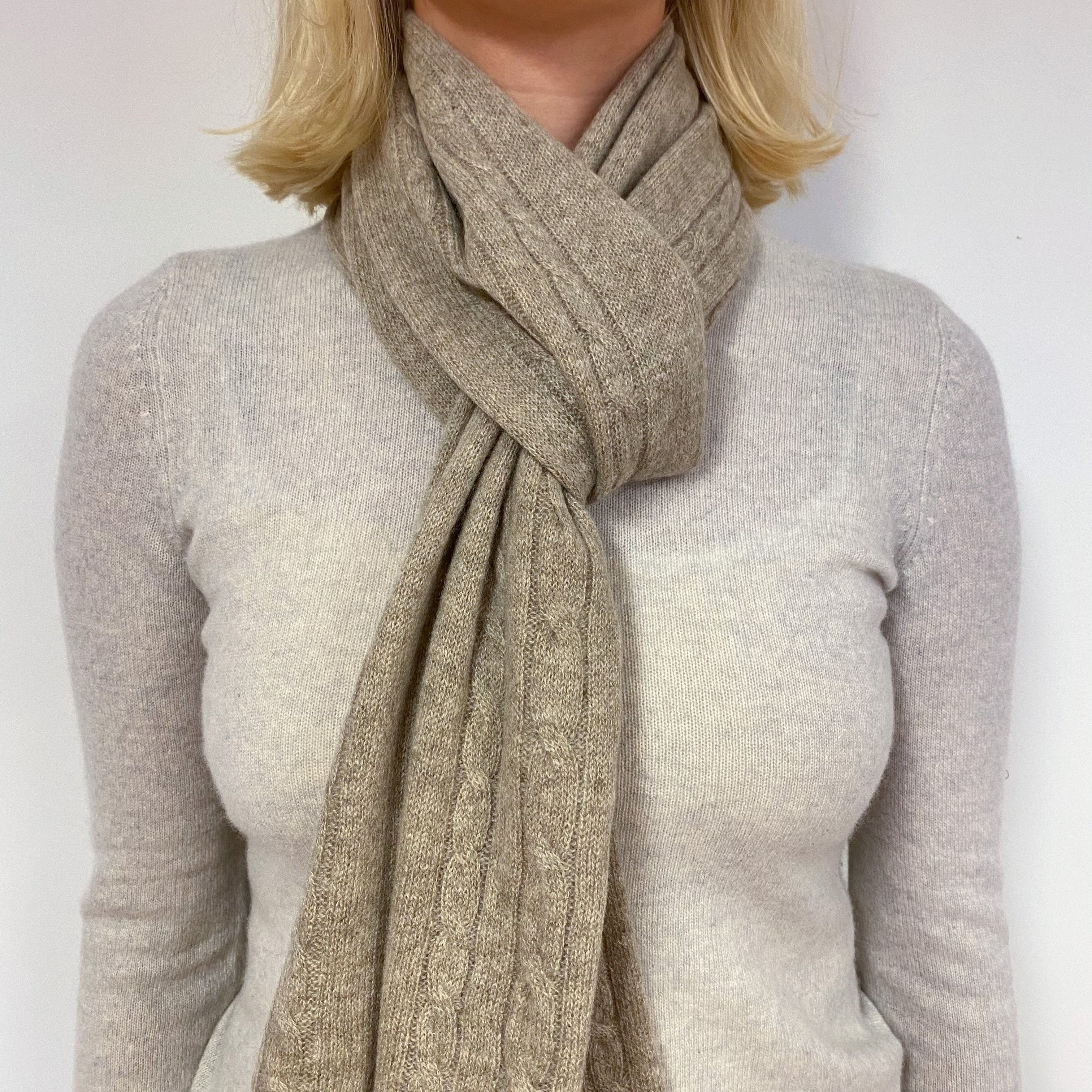 Taupe Brown Cable Cashmere Scarf