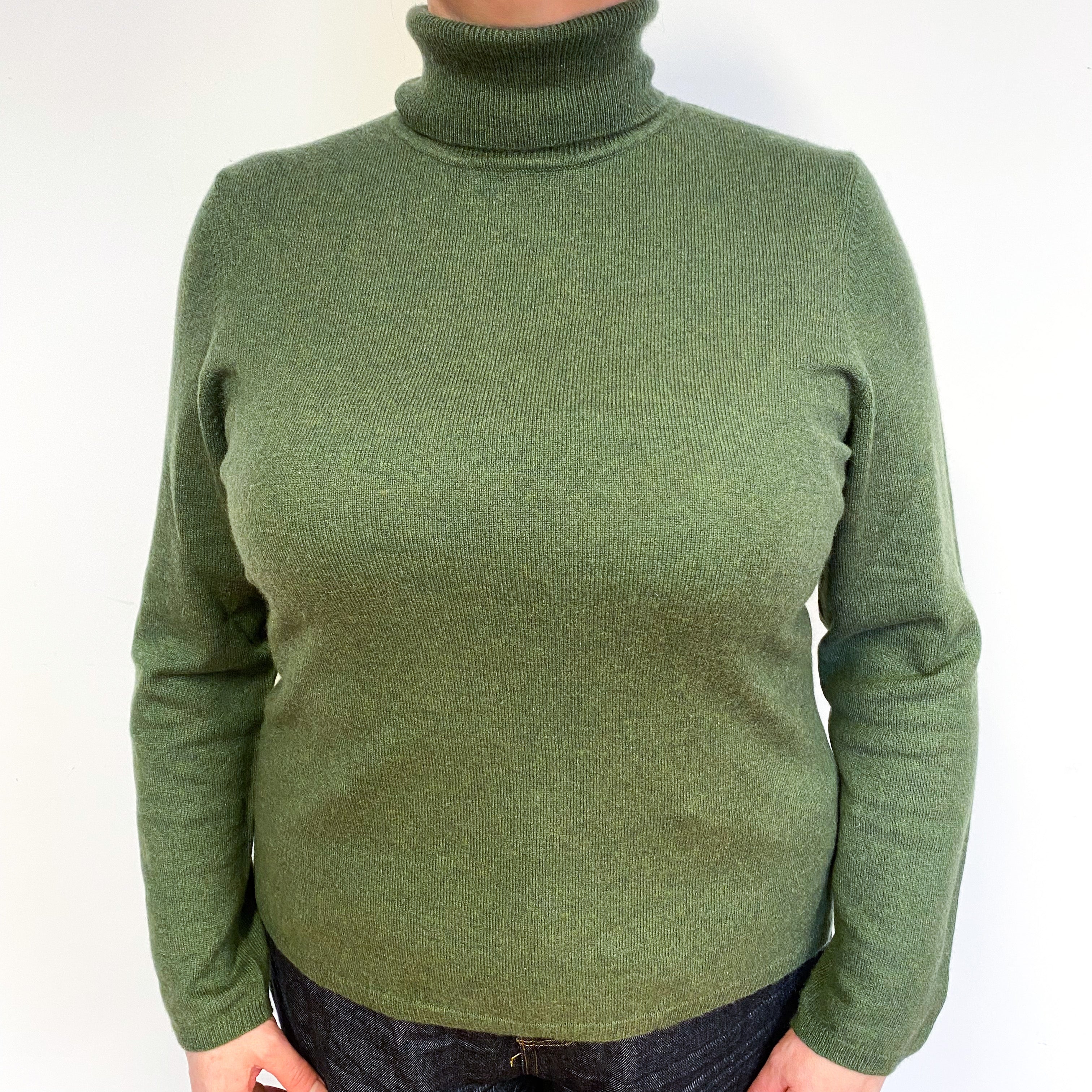 Dark Moss Green Cashmere Polo Neck Jumper Large