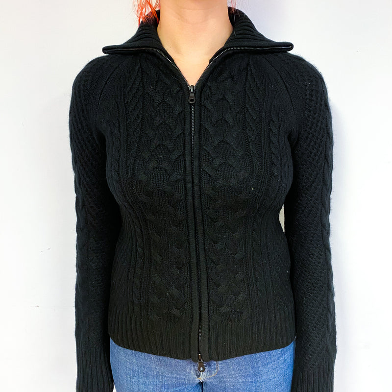 Black Chunky Cable Cashmere Zip Front Cardigan Small