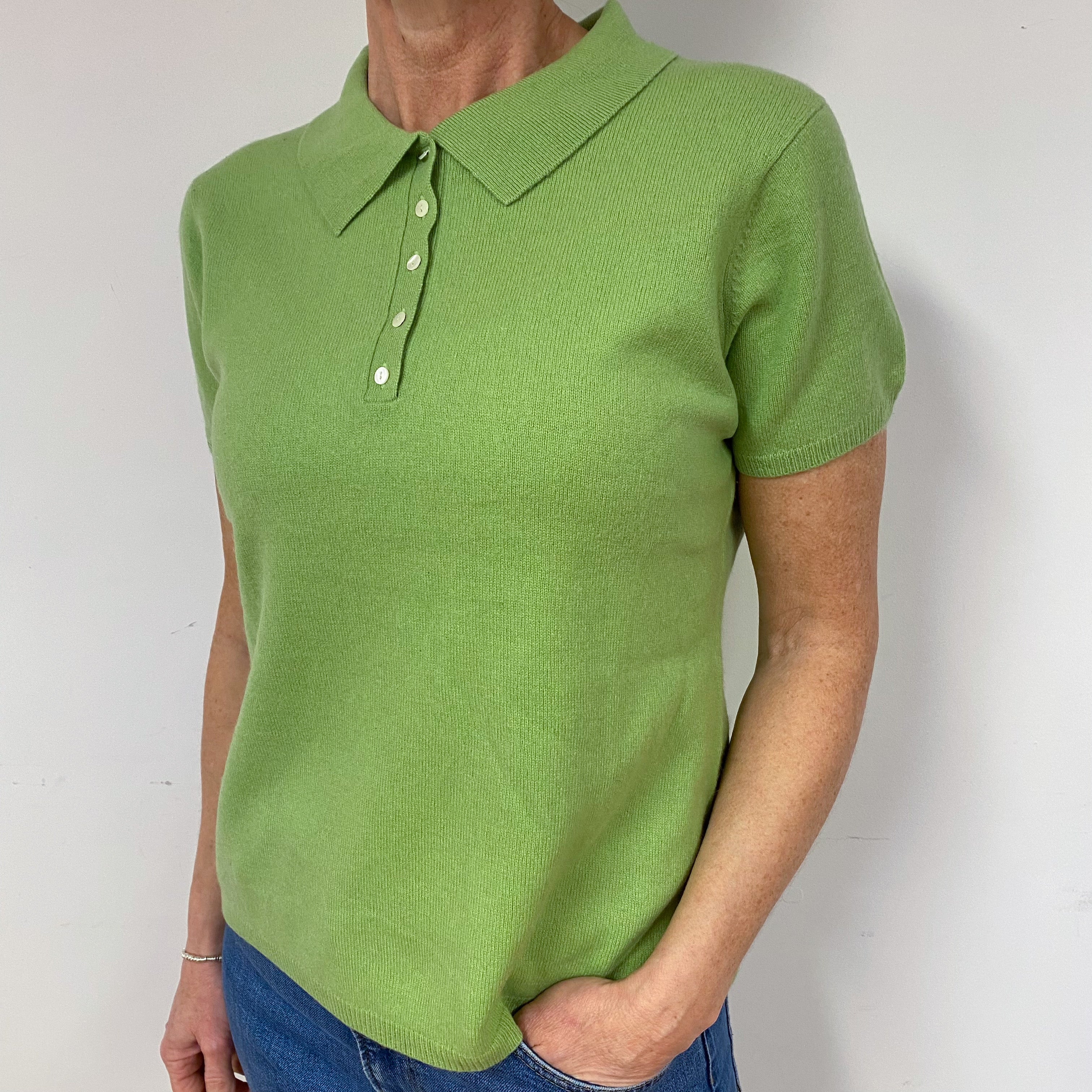 Green Cashmere Short Sleeve Collared Jumper Medium