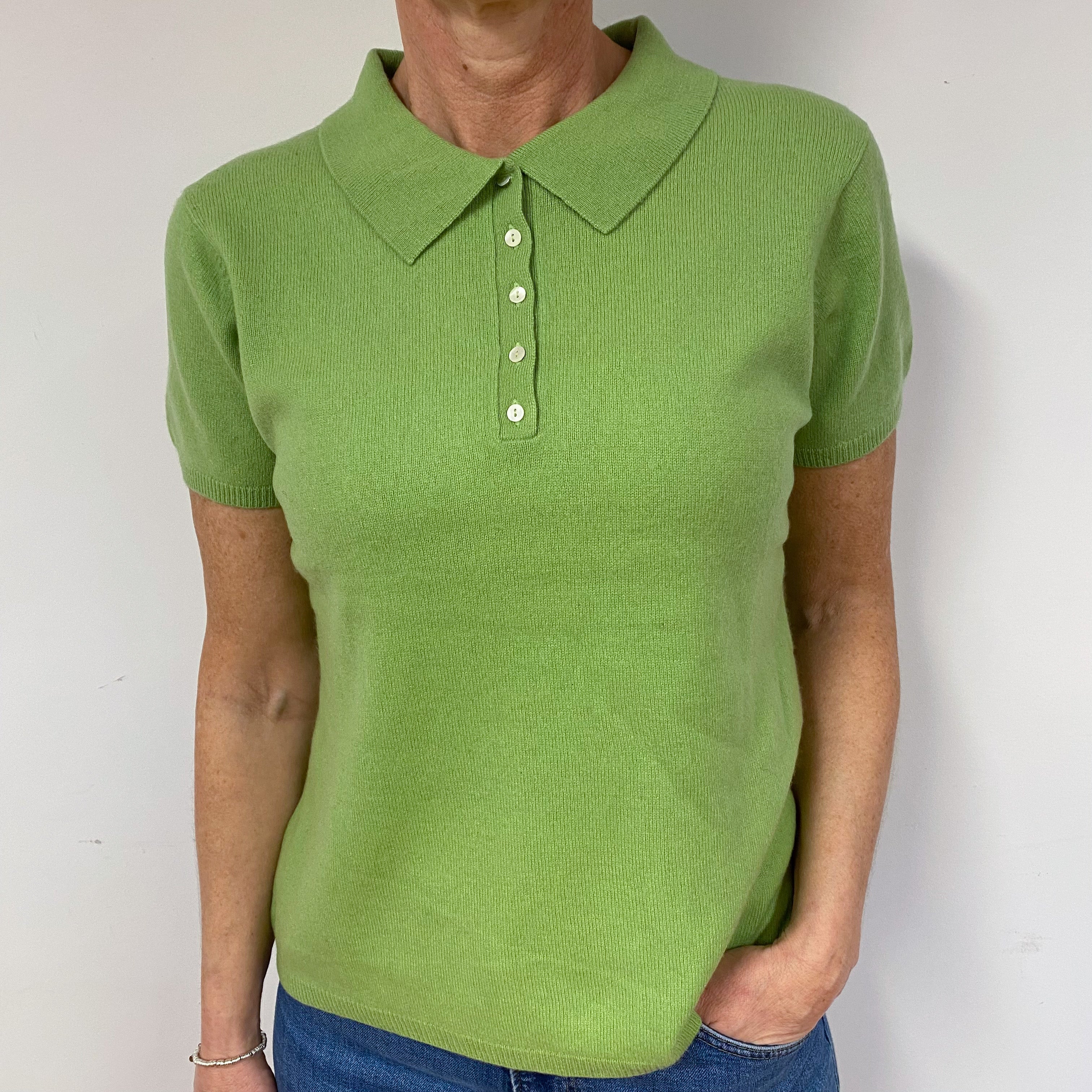 Green Cashmere Short Sleeve Collared Jumper Medium
