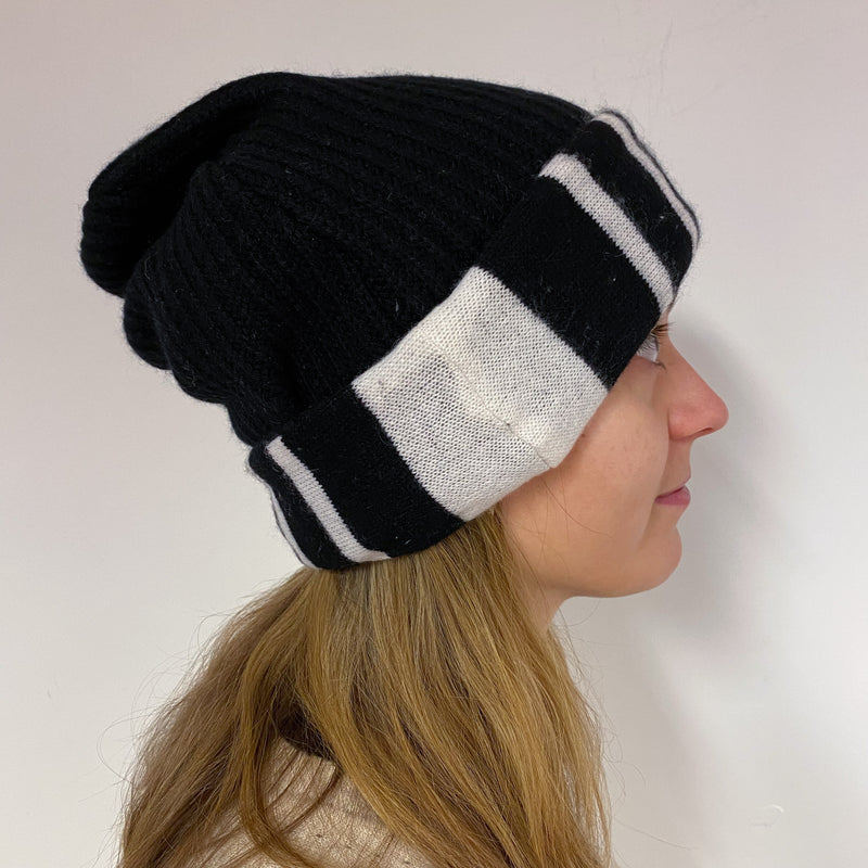 Reversible Black and White Cashmere Beanie Hat One Size