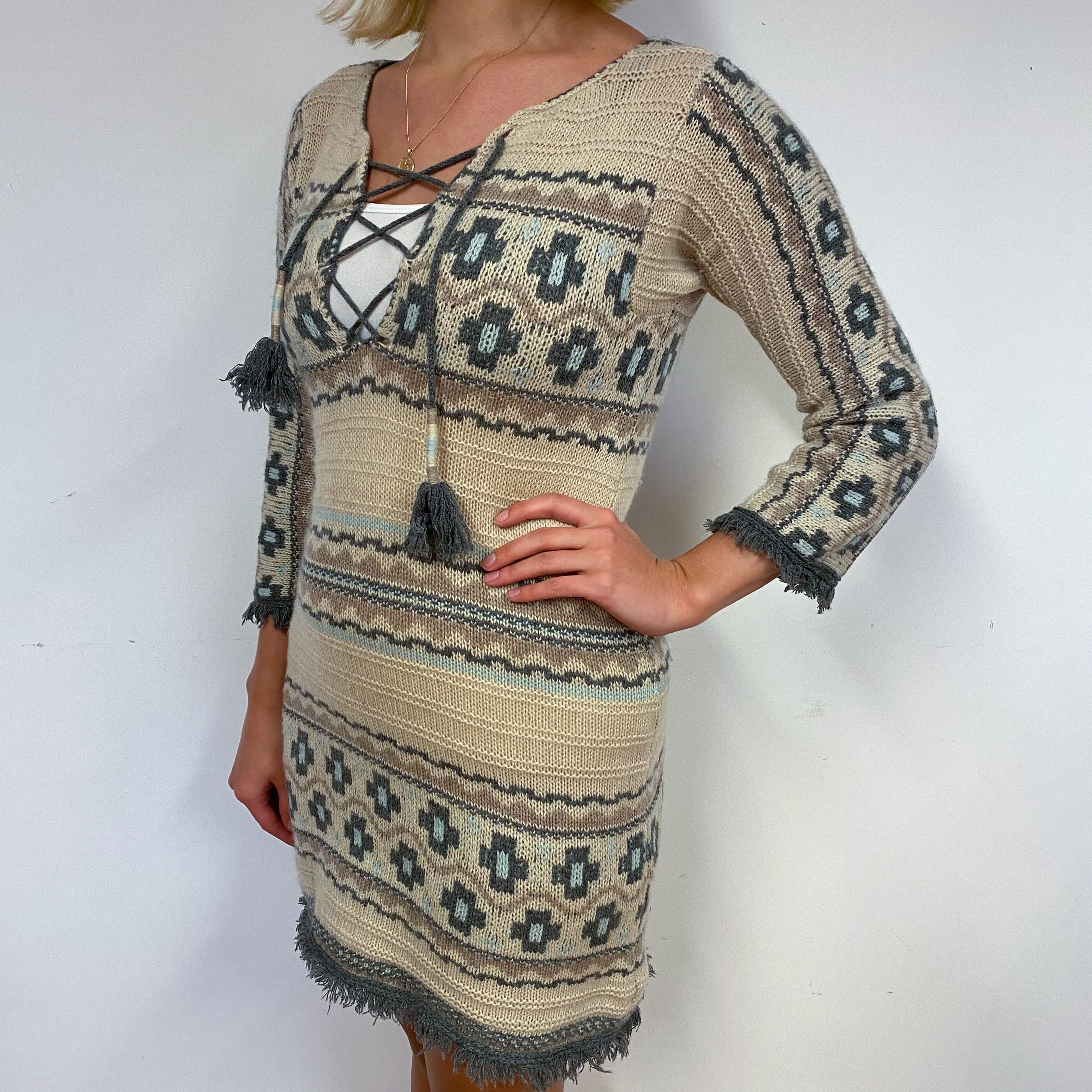 Oatmeal and Grey Aztec Cashmere Dress Small