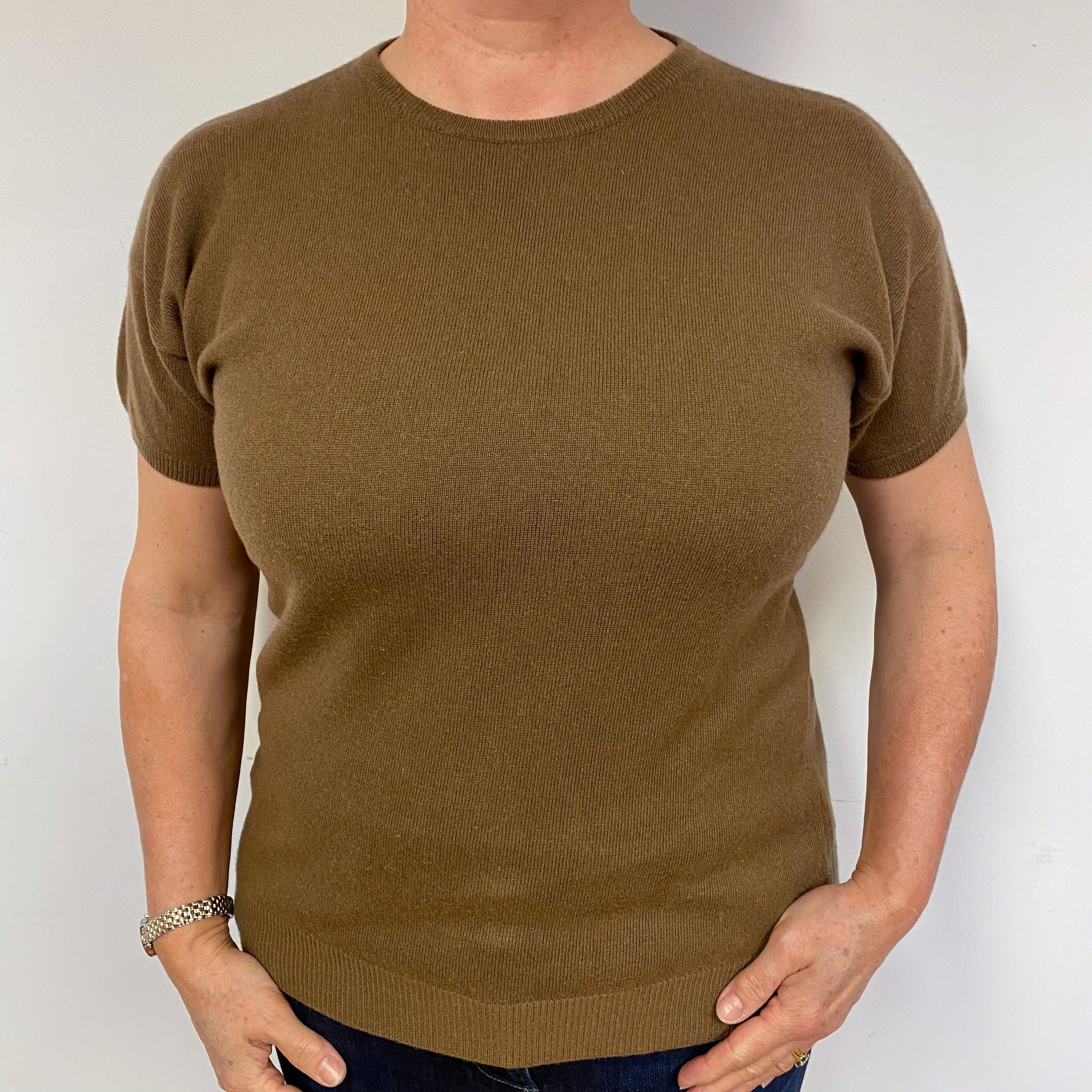 Walnut Brown Cashmere Short Sleeved Jumper Large