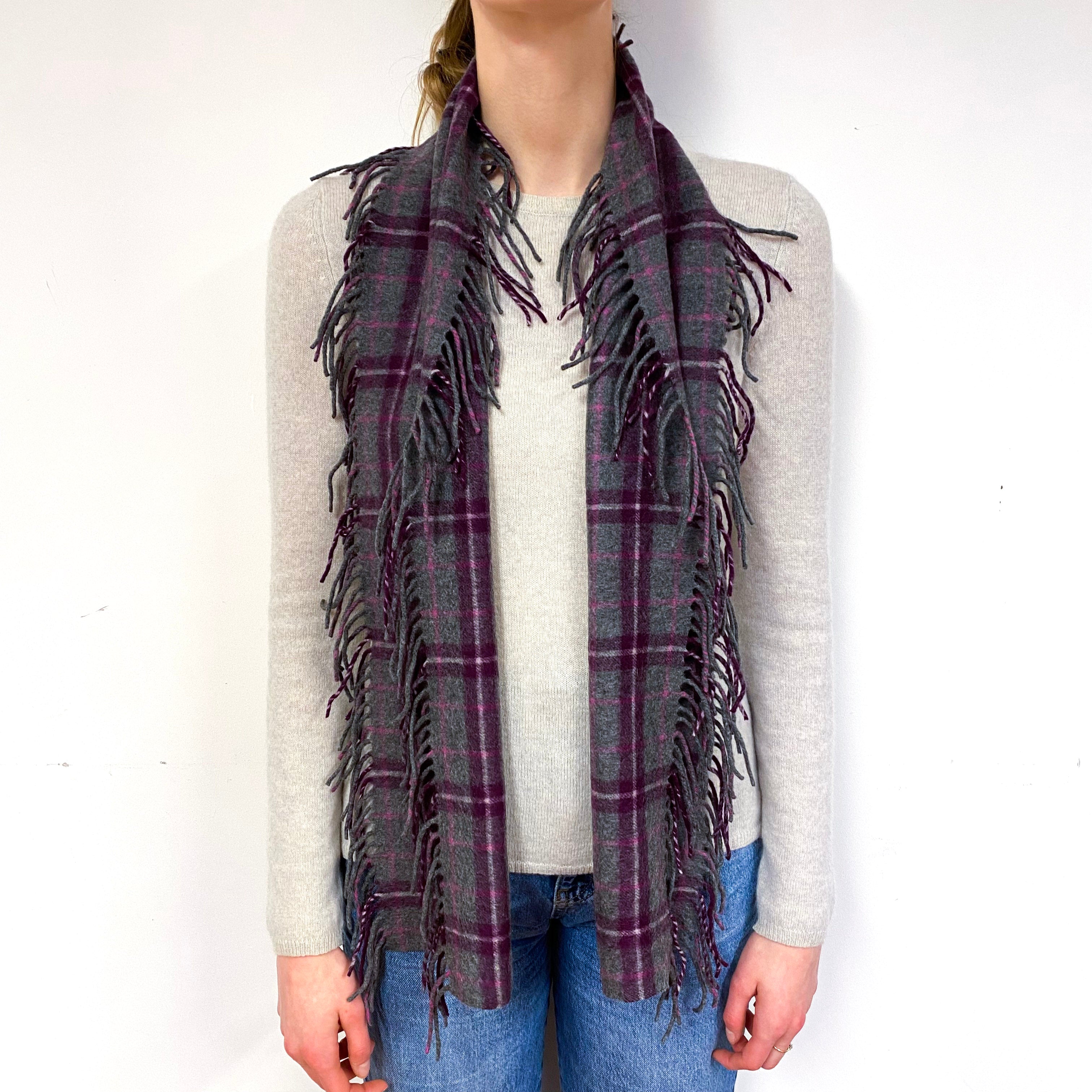 Slate Grey and Plum Checked Scarf
