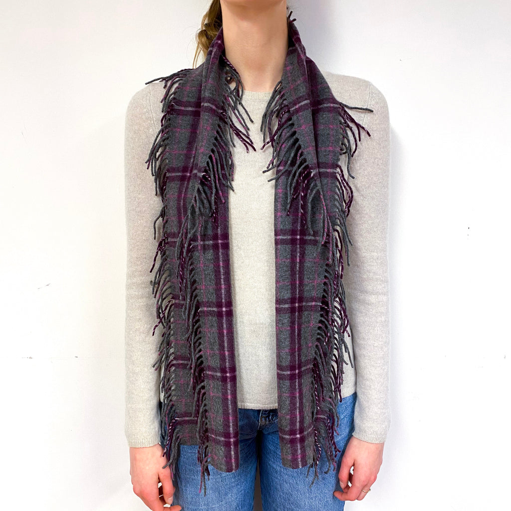 Slate Grey and Plum Checked Scarf