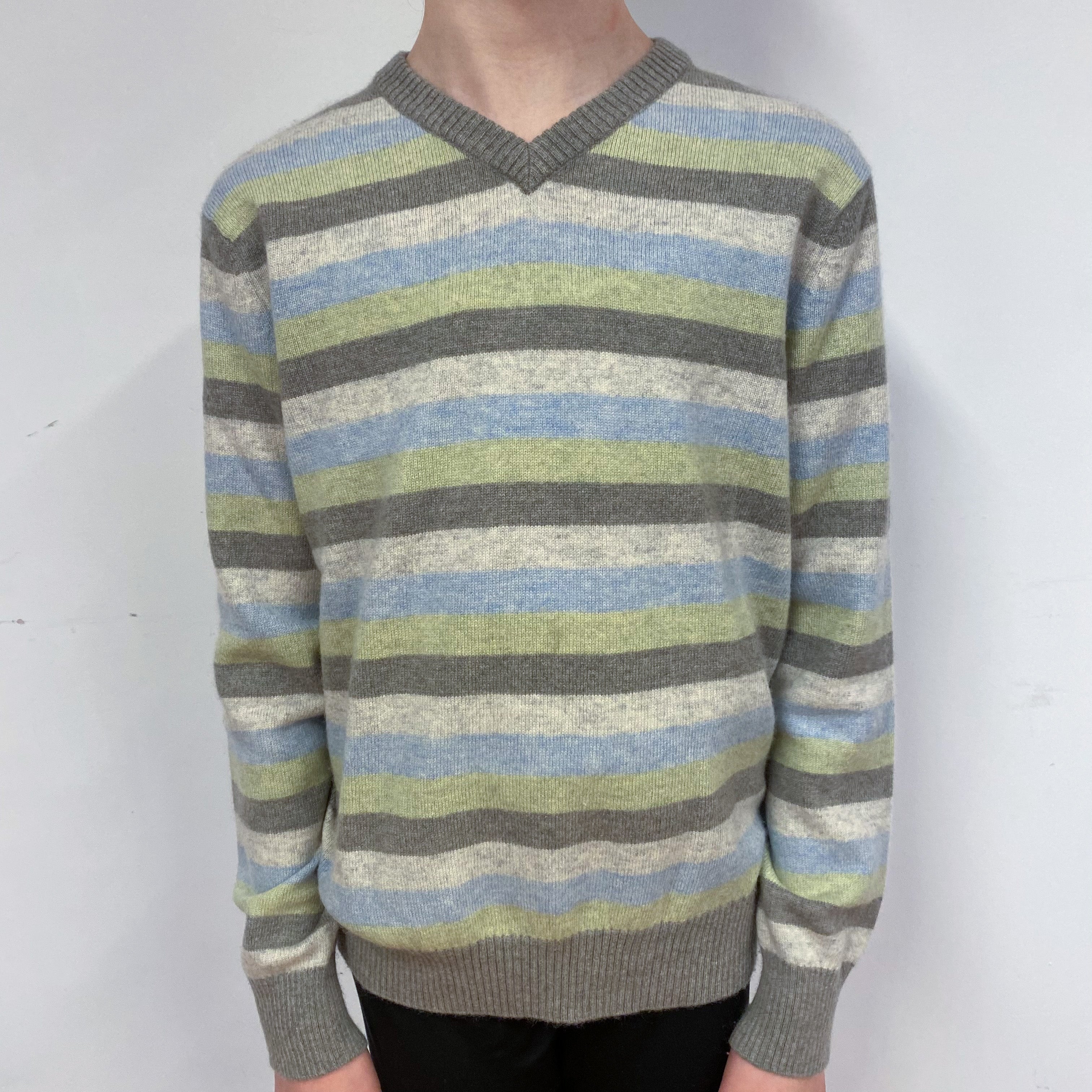 Children’s Grey Striped Cashmere V-Neck Jumper Boy’s Age 10-12