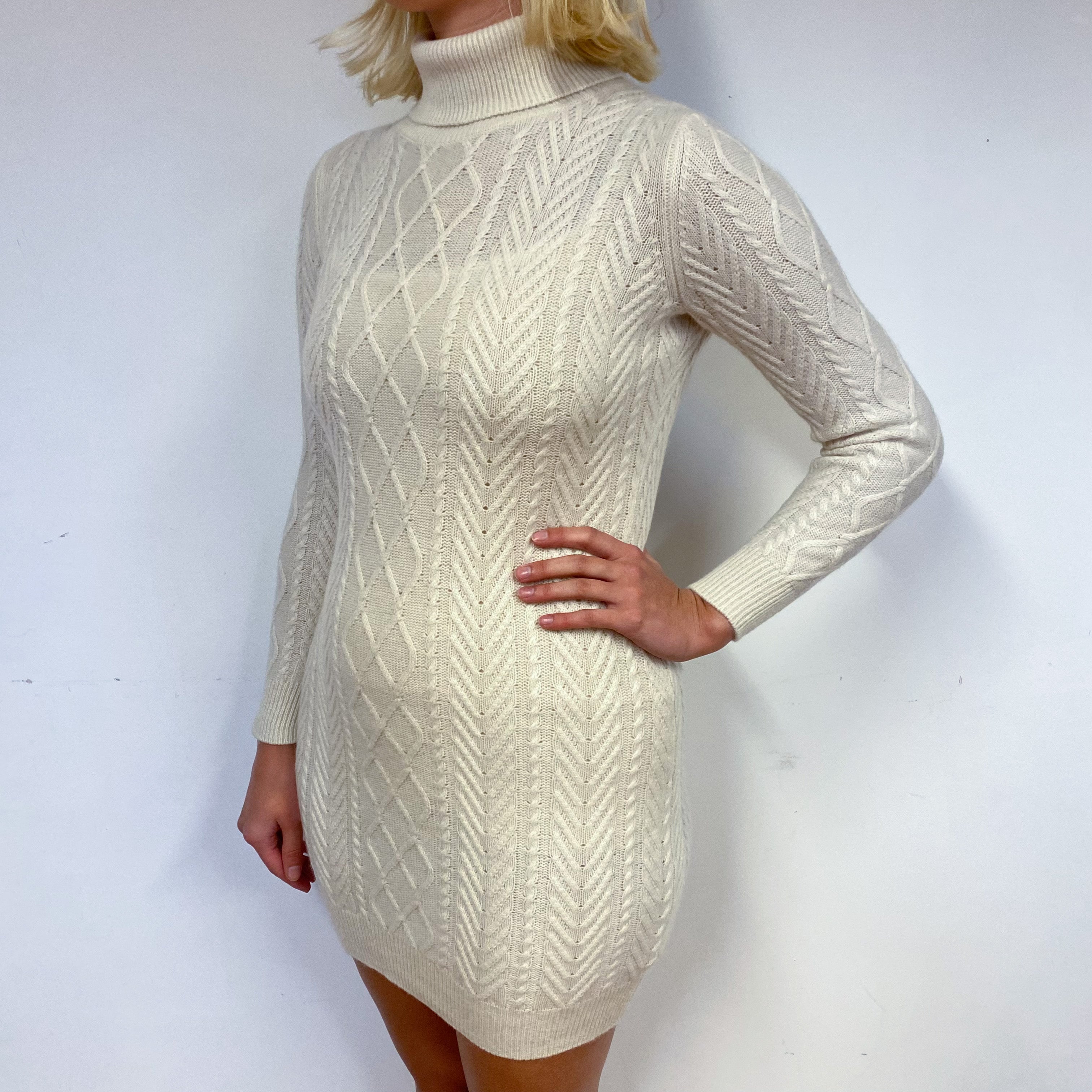 Cream Cable Cashmere Polo Neck Dress Small