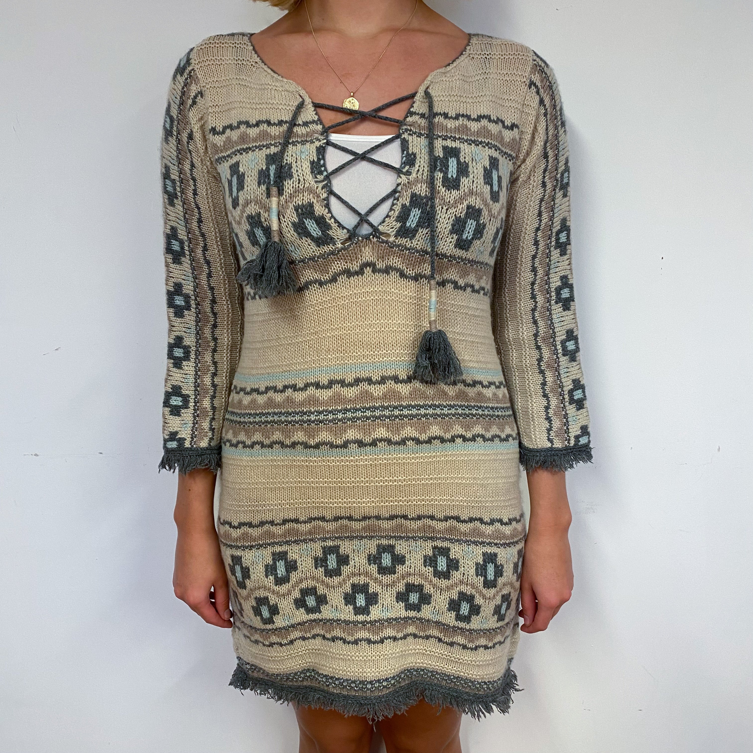 Oatmeal and Grey Aztec Cashmere Dress Small