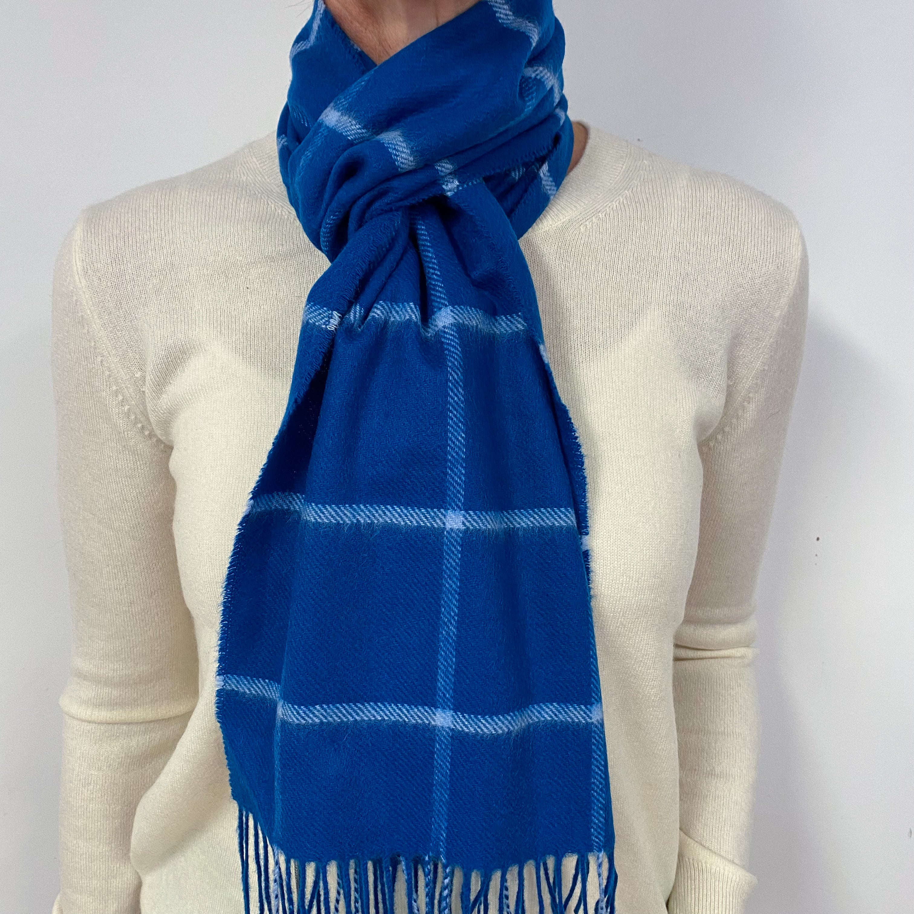 Brand New Scottish Woven Cashmere Scarf Cobalt Windowpane