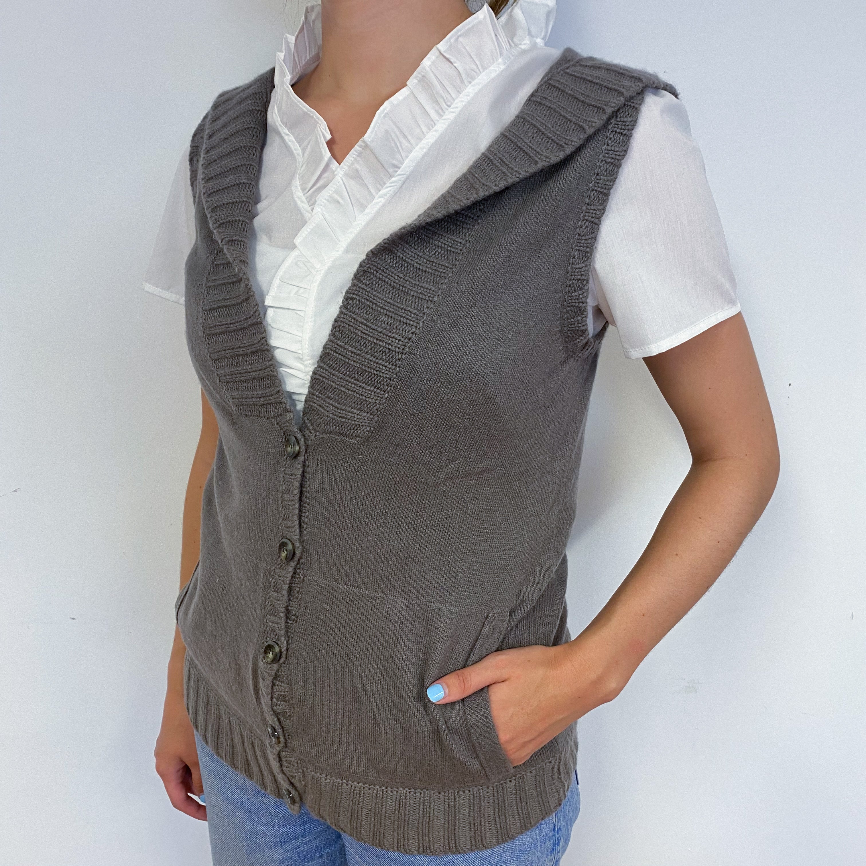 Mocha Grey Sleeveless V Neck Hooded Cardigan Small