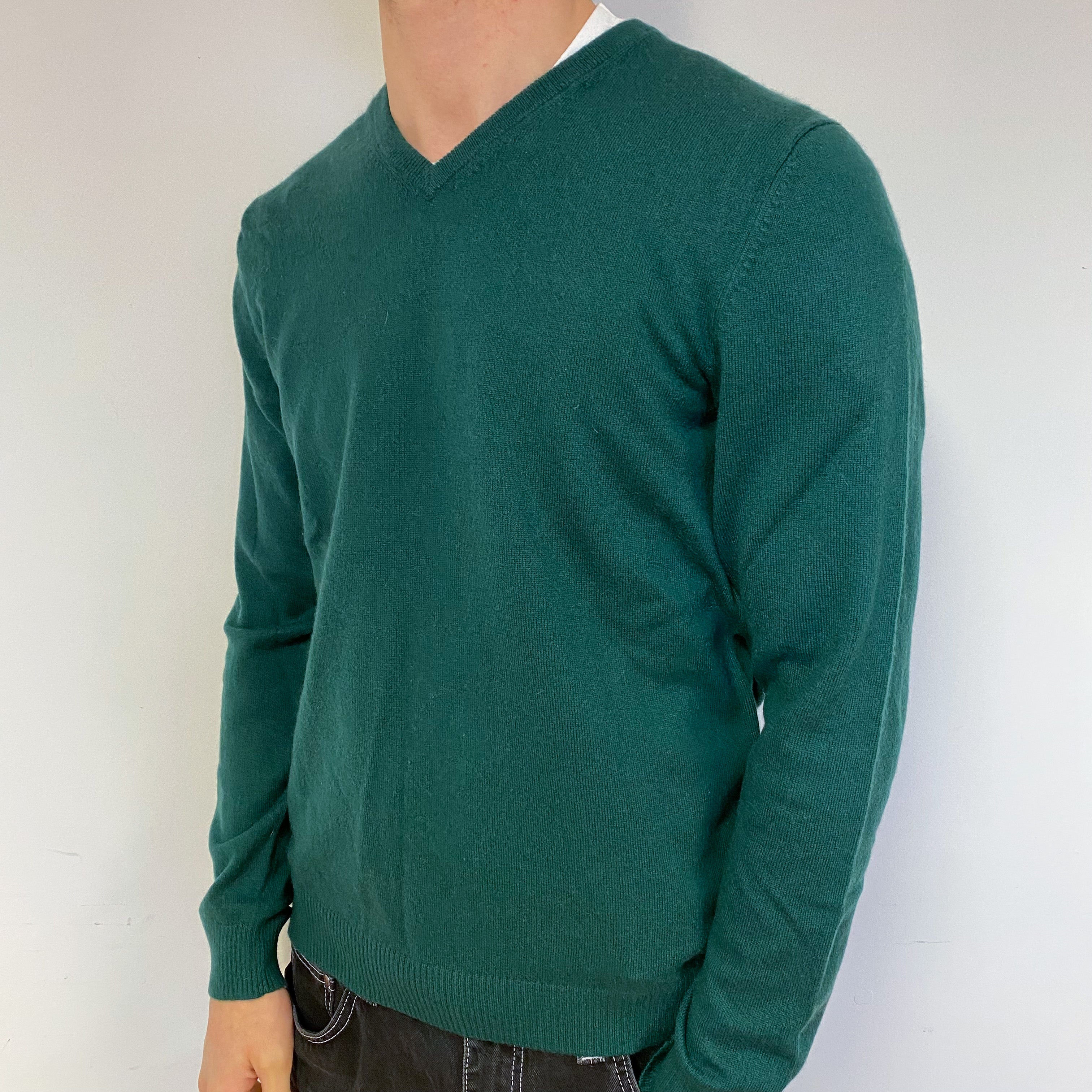 Men’s Forest Green Cashmere V-Neck Jumper Medium/Tall