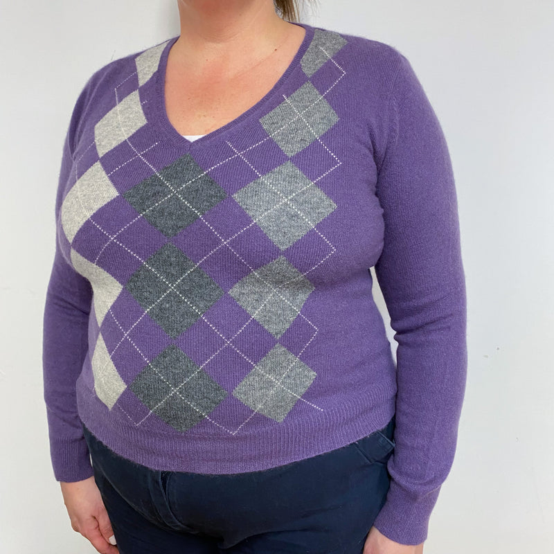 Wisteria Purple Diamond Patterned V- Neck Jumper XL