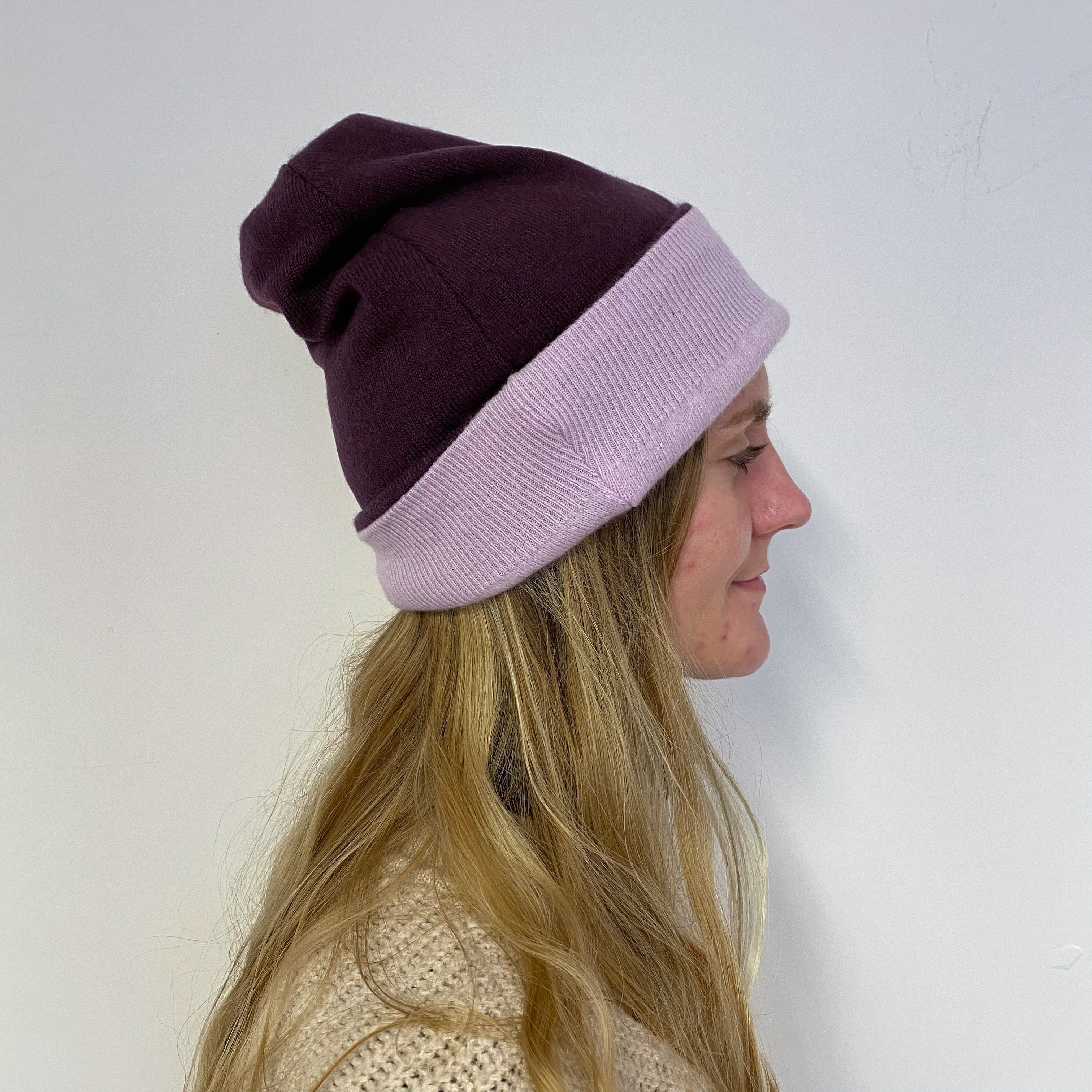 Reversible Blueberry Purple and Lilac Beanie Hat One Size