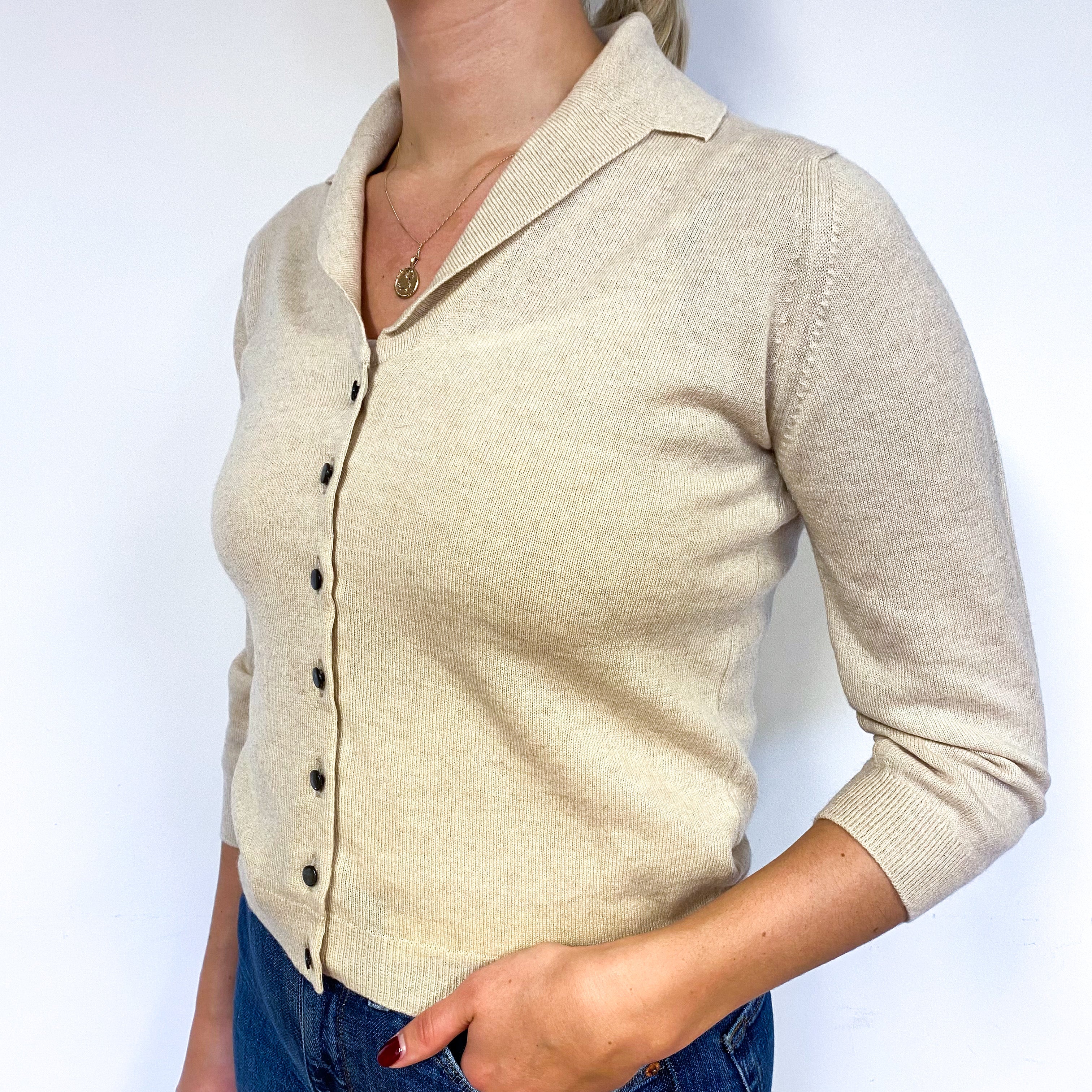 Brora Sand Collared V Neck Brora Cardigan Small