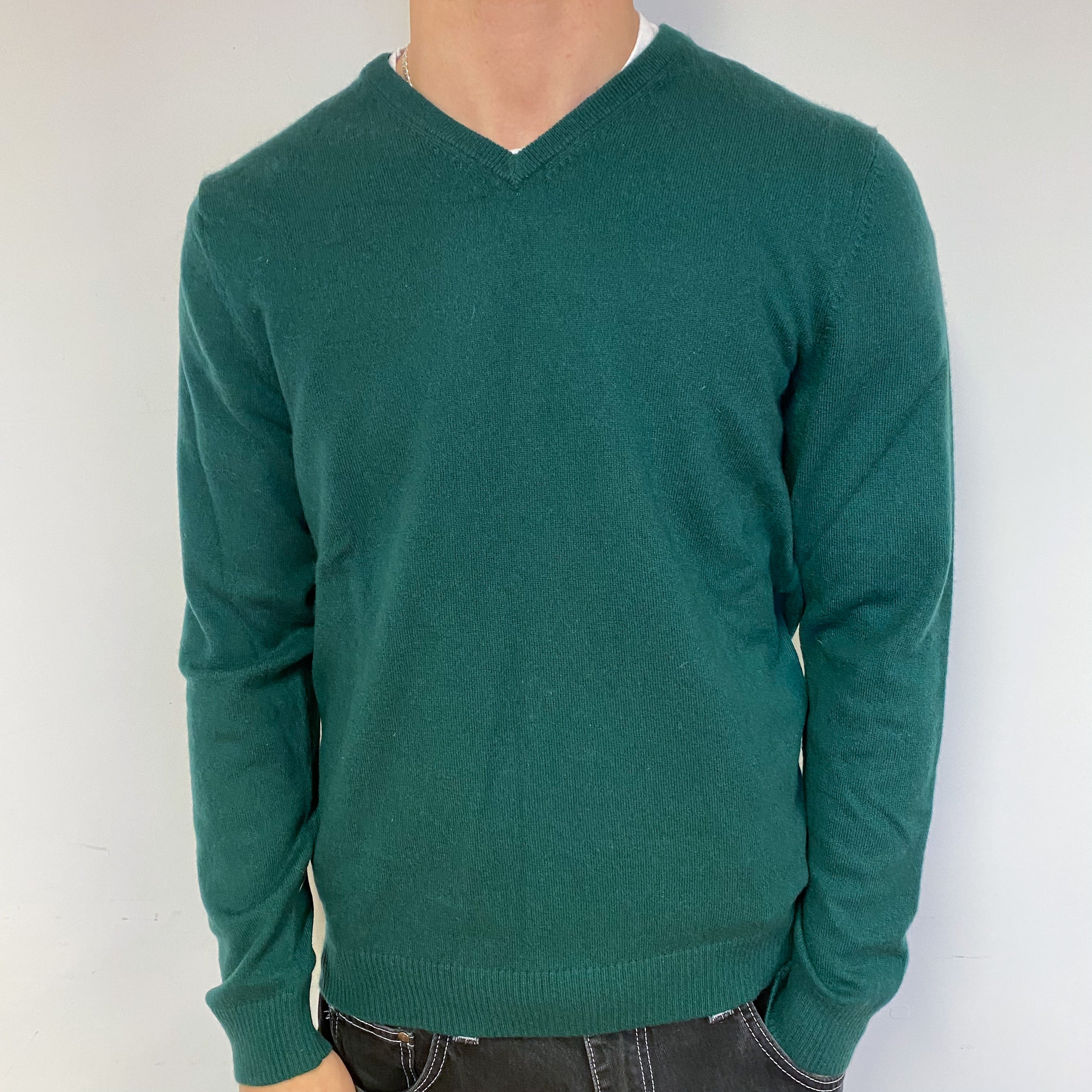 Men’s Forest Green Cashmere V-Neck Jumper Medium/Tall