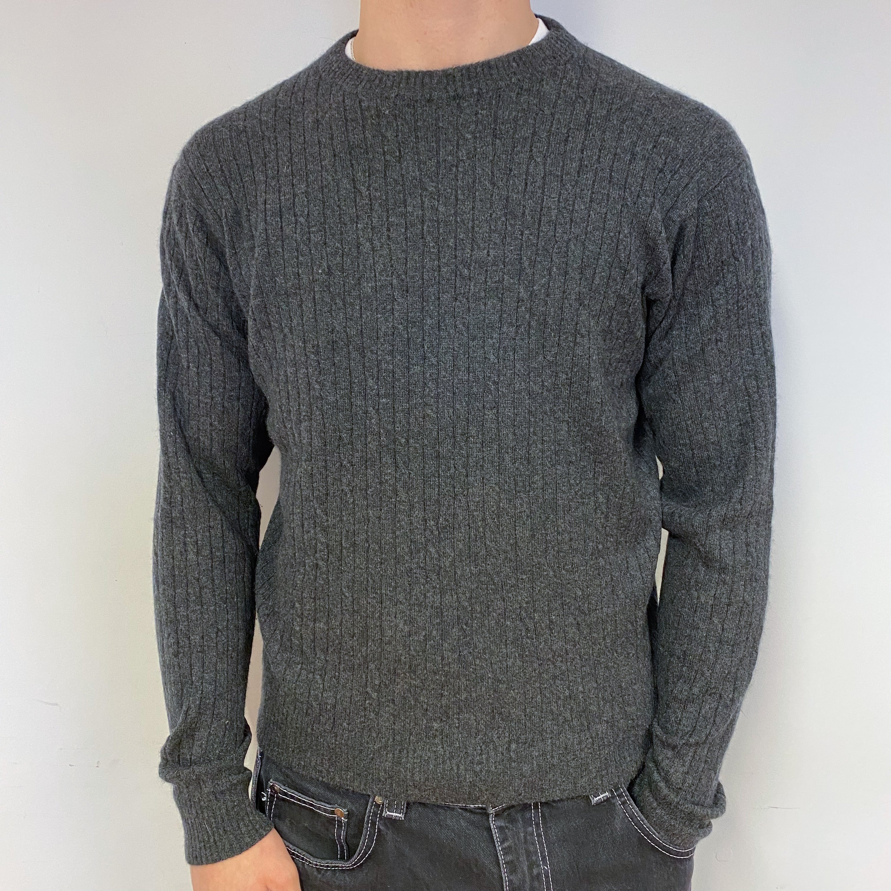 Men’s Grey Ribbed Cashmere Crew Neck Jumper Medium