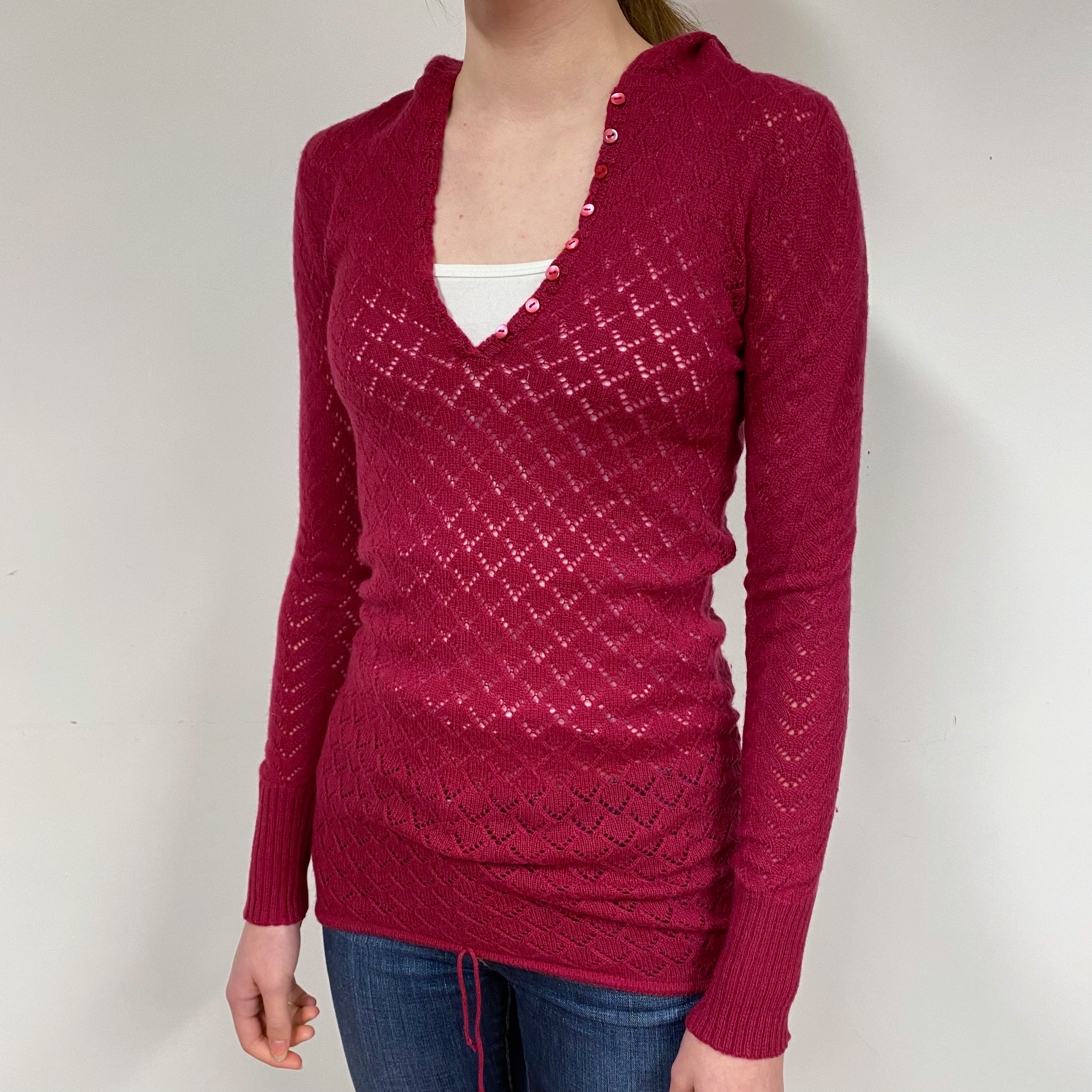 Ruby Red Lace Cashmere Hoodie Jumper Extra Small