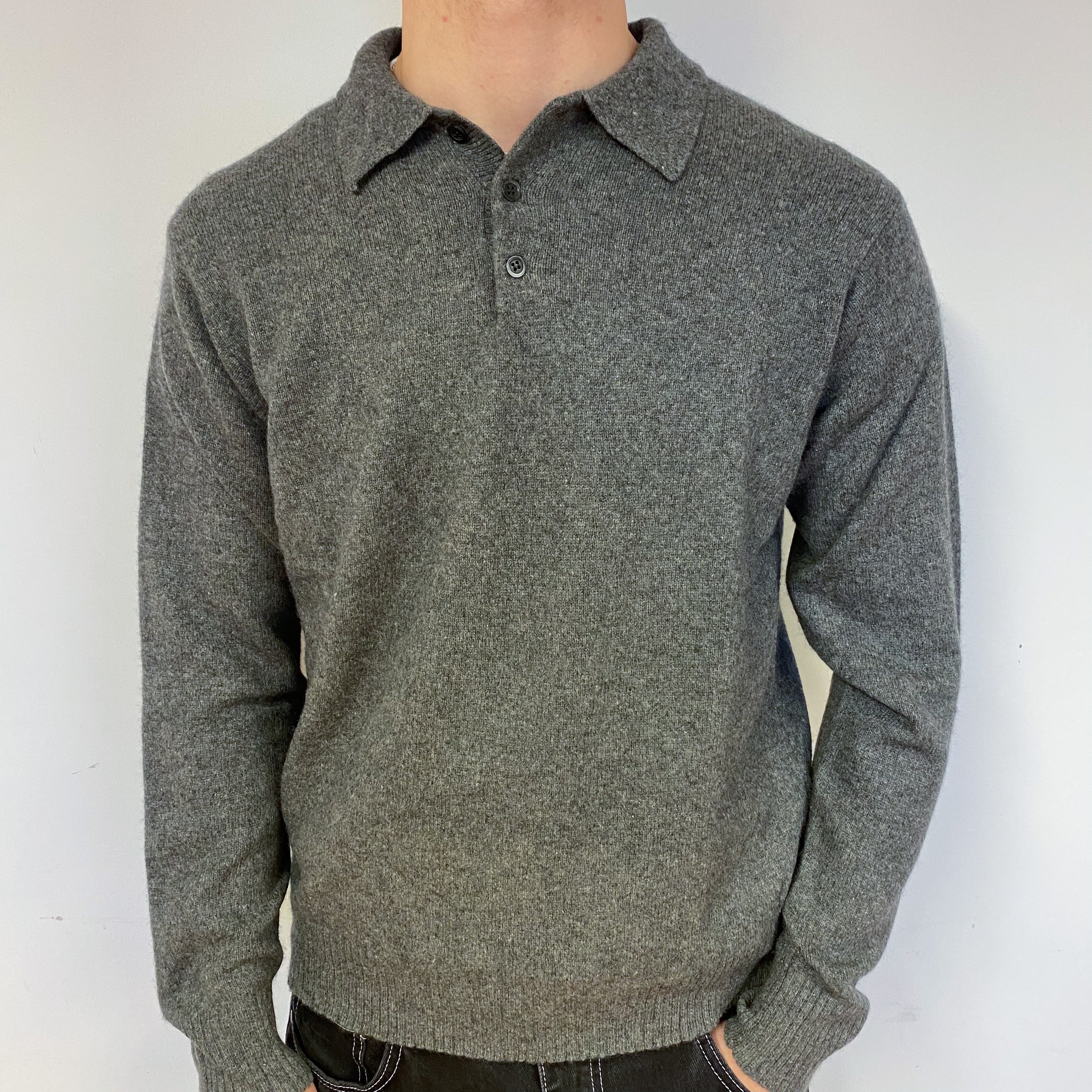 Men’s Slate Grey Cashmere 1/4 Button Jumper Medium