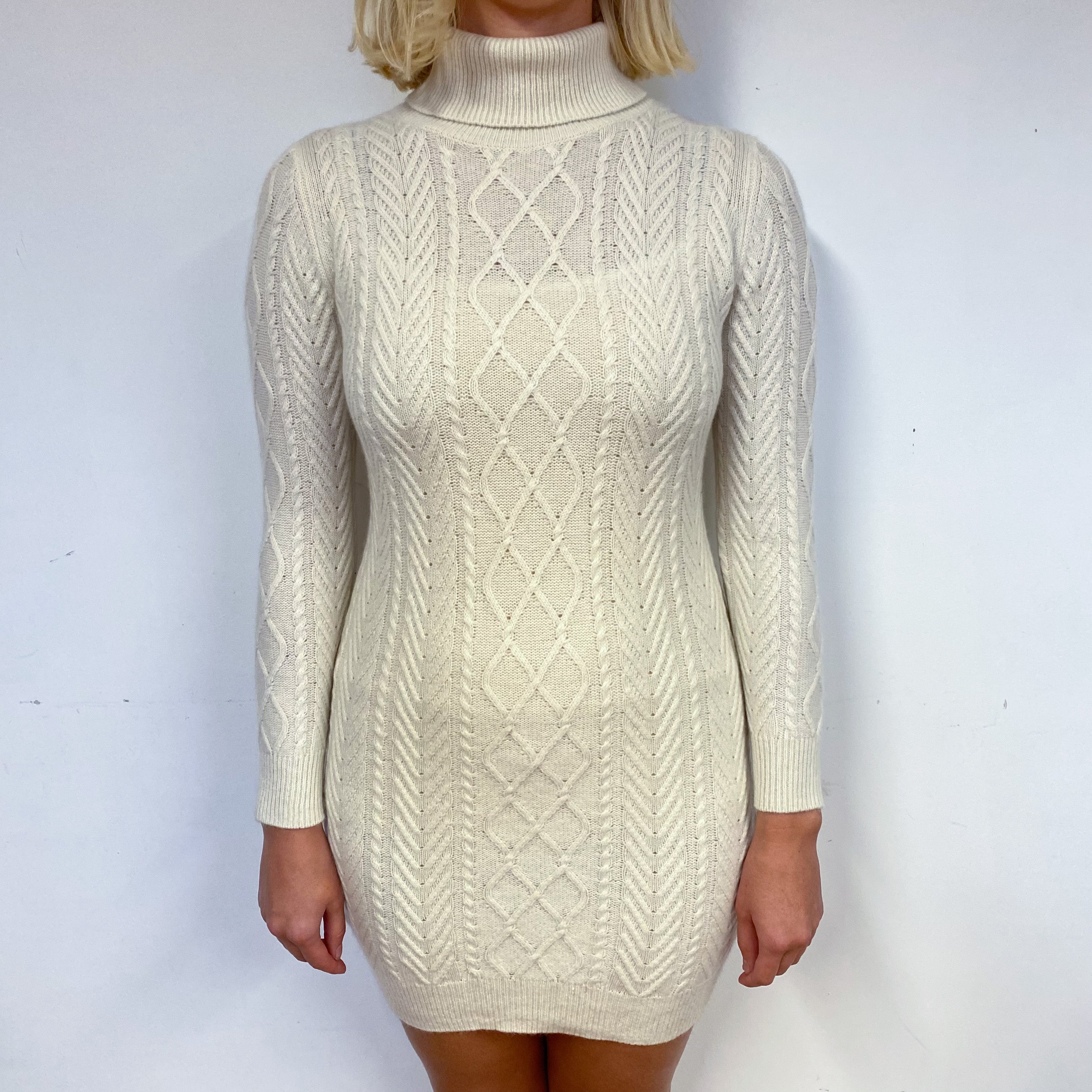 Cream Cable Cashmere Polo Neck Dress Small