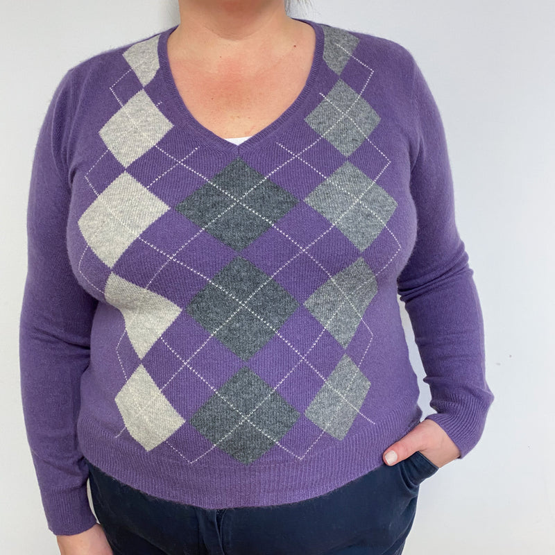 Wisteria Purple Diamond Patterned V- Neck Jumper XL