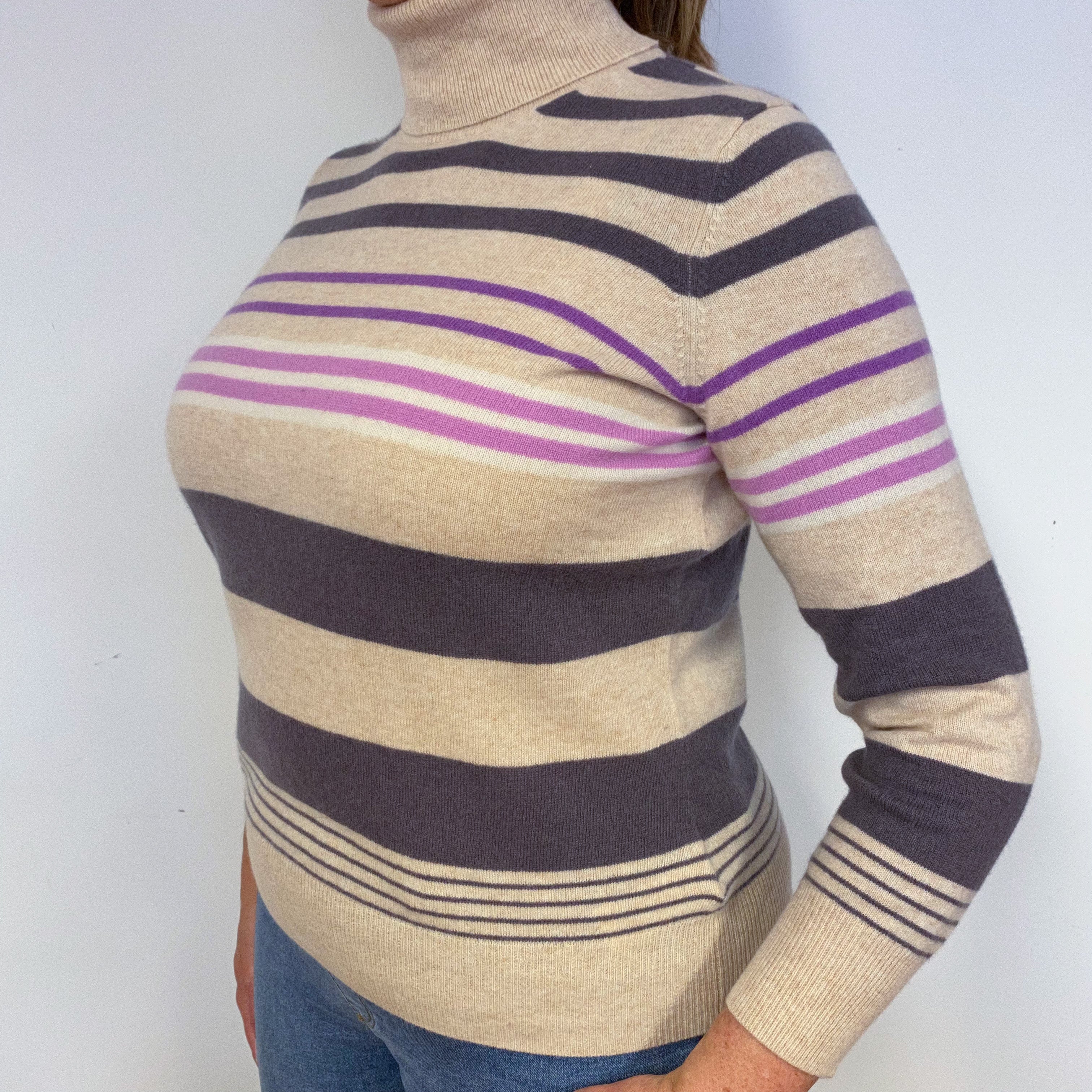 New Sand Striped Polo Neck Jumper Large