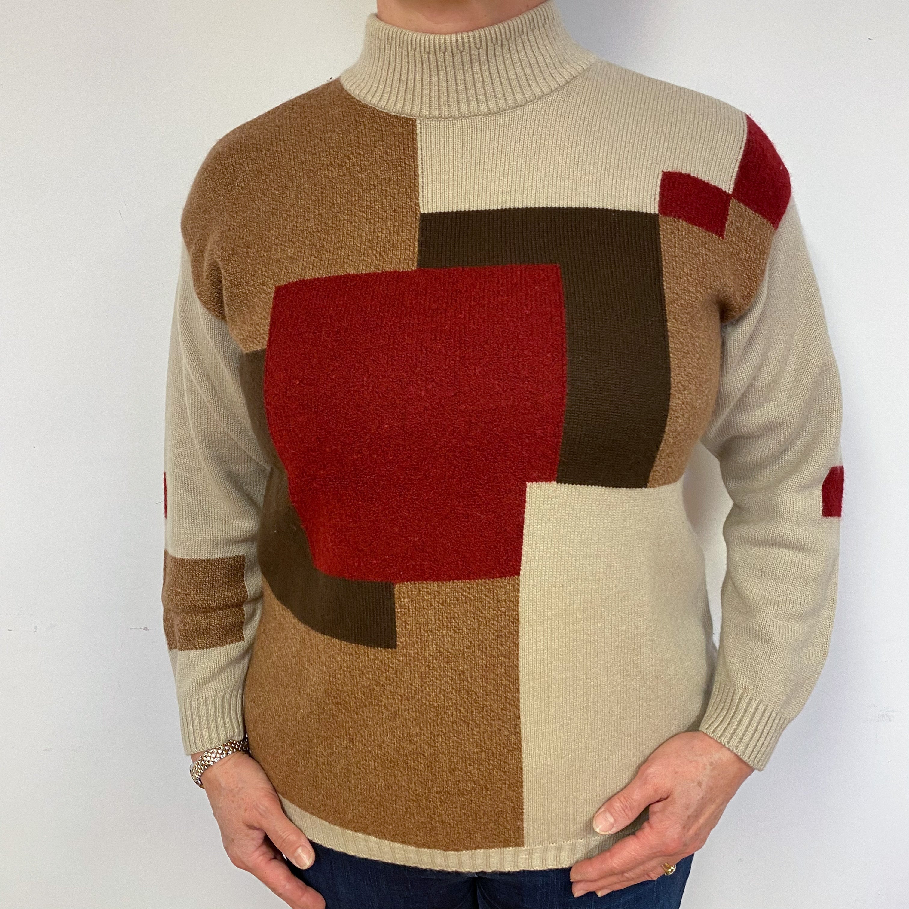 Vintage Fawn and Brown Colour Block Cashmere Jumper Large