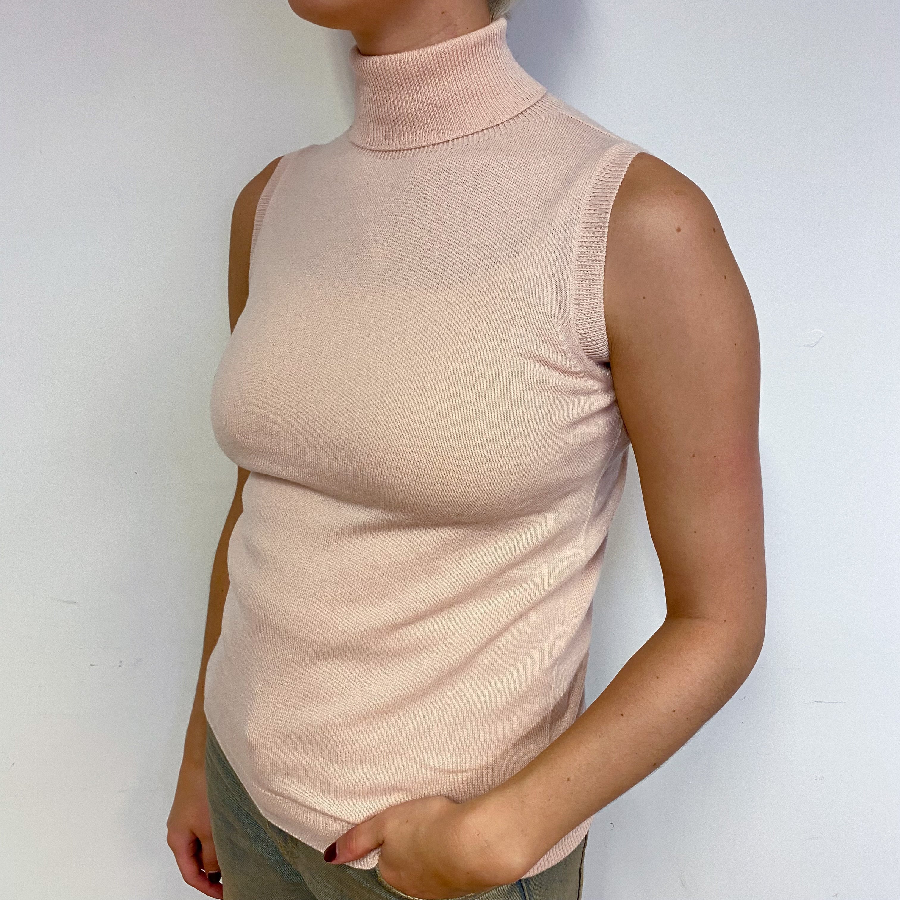 Brand New Scottish Oyster Pink Sleeveless Cashmere Polo Neck Jumper Small