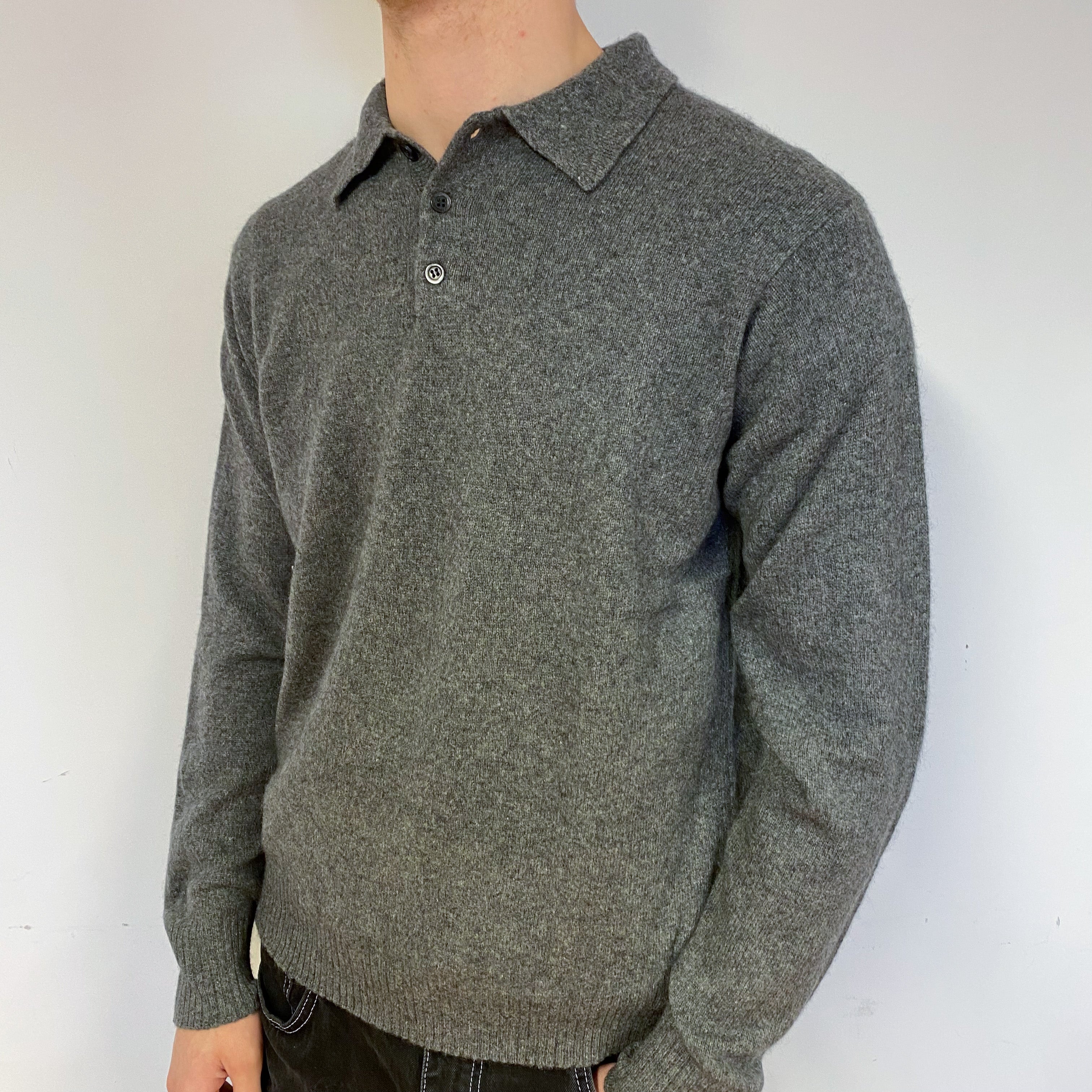Men’s Slate Grey Cashmere 1/4 Button Jumper Medium