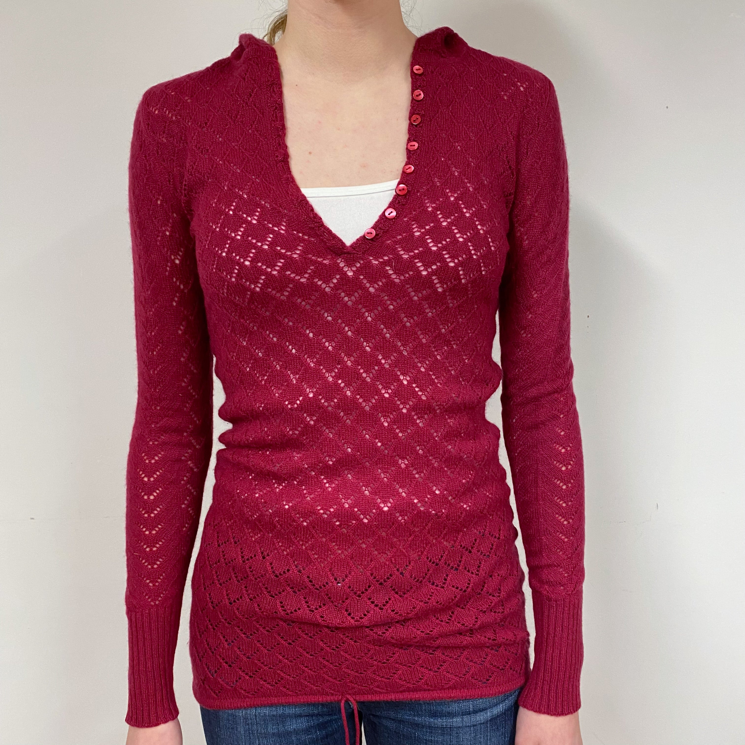 Ruby Red Lace Cashmere Hoodie Jumper Extra Small