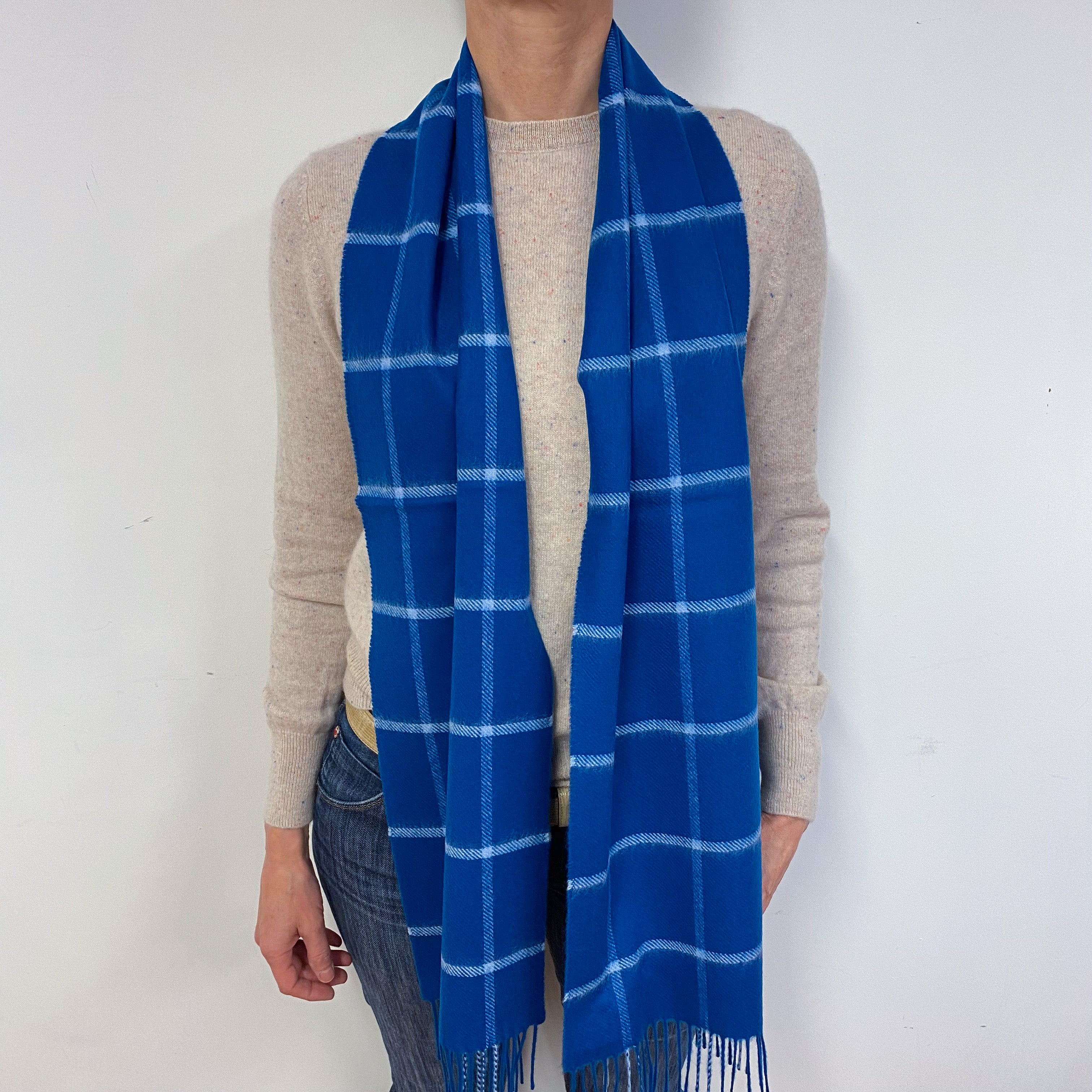 Brand New Scottish Woven Cashmere Scarf Cobalt Windowpane