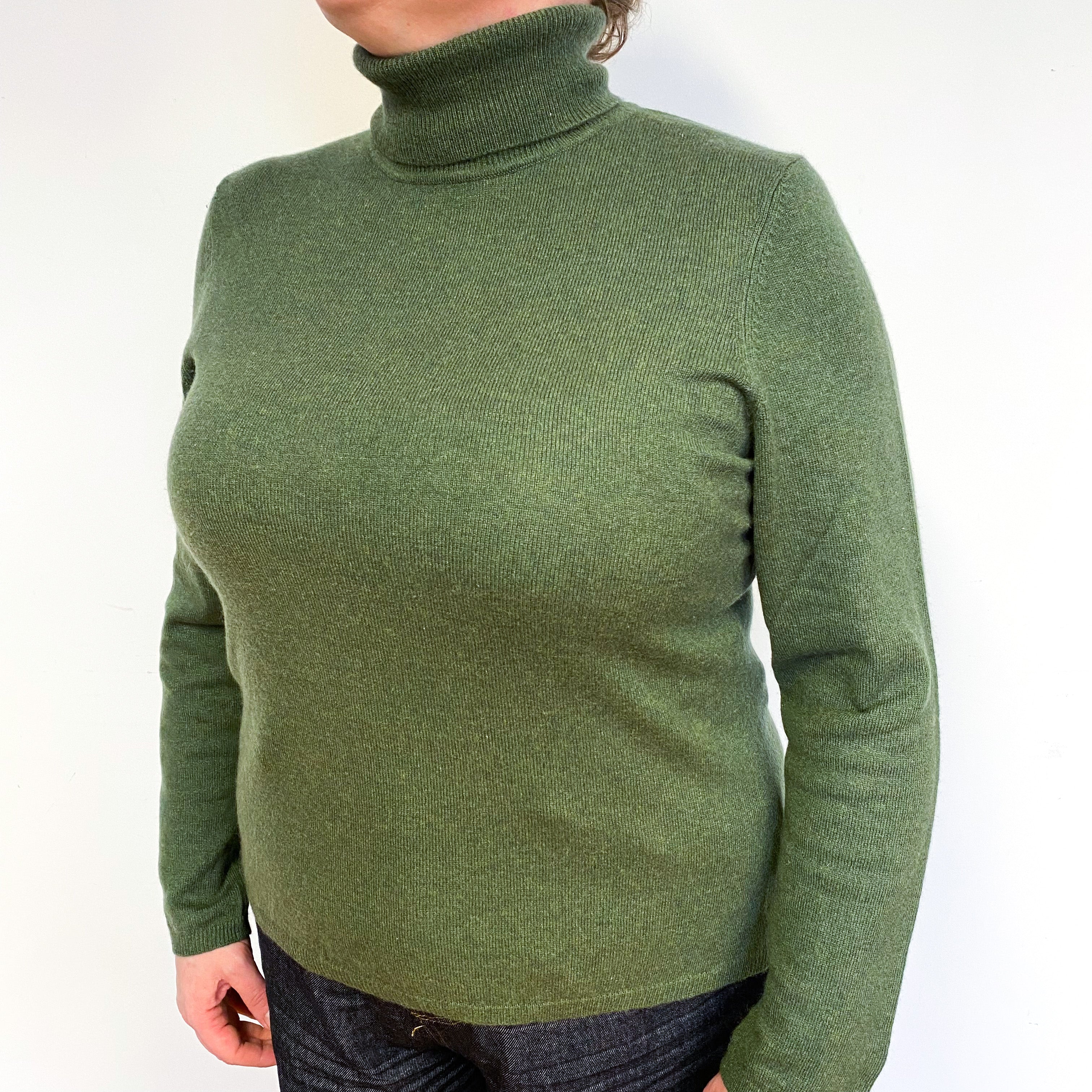 Dark Moss Green Cashmere Polo Neck Jumper Large