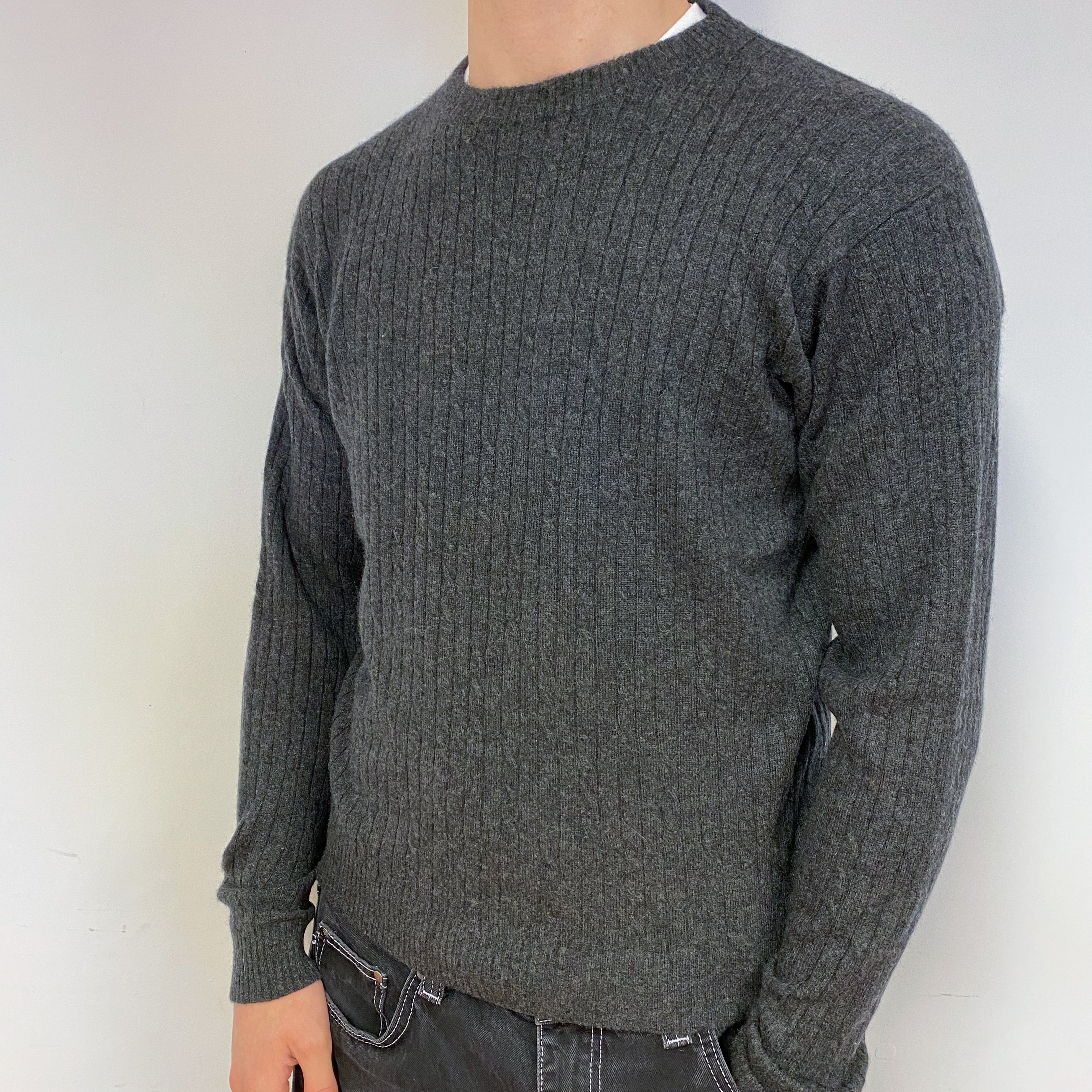 Men’s Grey Ribbed Cashmere Crew Neck Jumper Medium