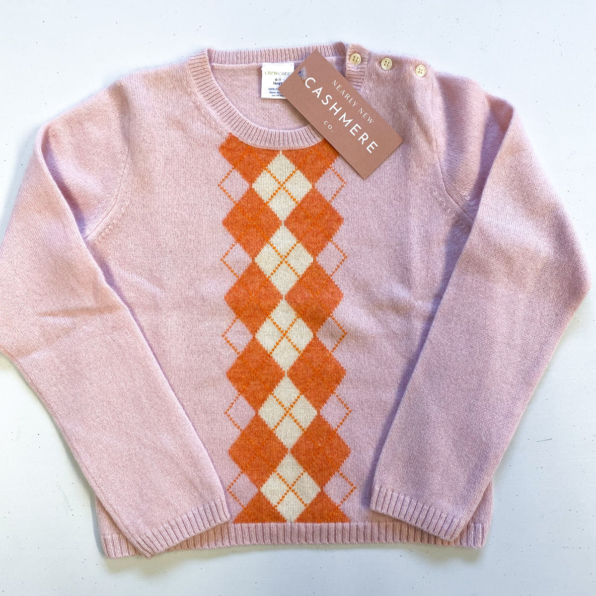 Children’s Pale Pink Argyle Cashmere Crew Neck Jumper Age 6-7 Years