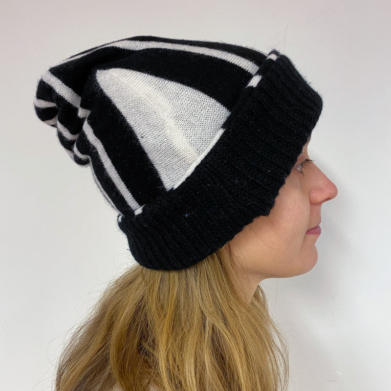Reversible Black and White Cashmere Beanie Hat One Size